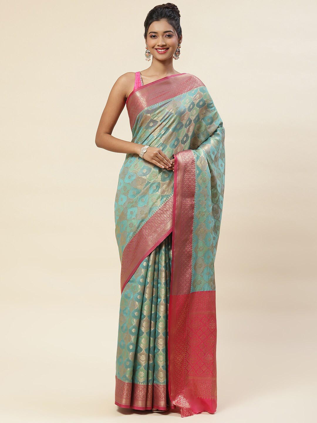 

Meena Bazaar Ethnic Motifs Woven Design Zari Handloom Saree, Blue