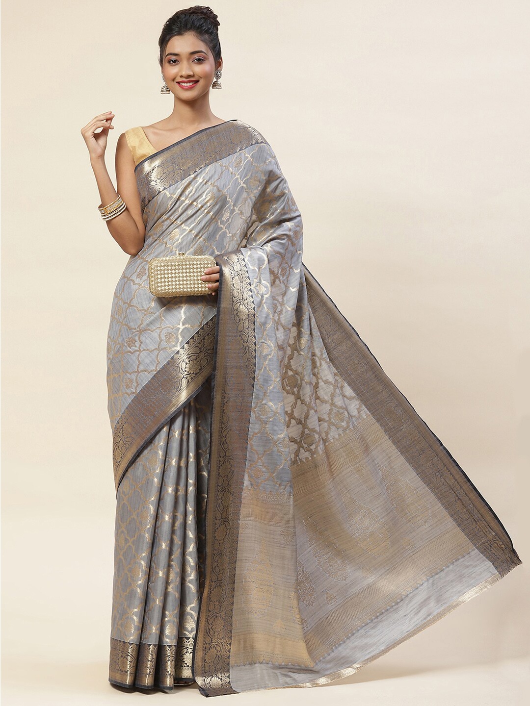 

Meena Bazaar Ethnic Motifs Woven Design Zari Handloom Saree, Grey
