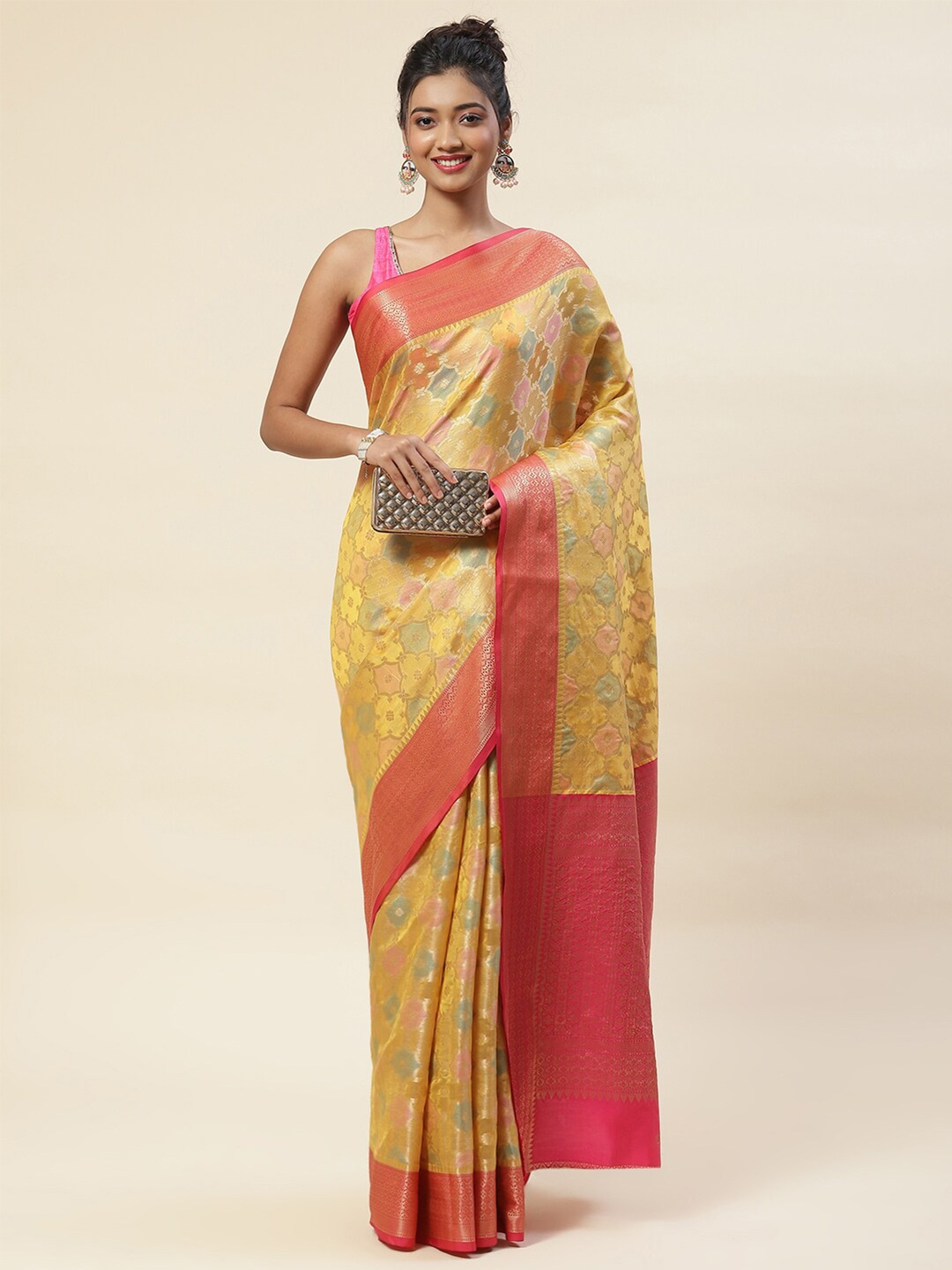 

Meena Bazaar Ethnic Motifs Woven Design Zari Handloom Saree, Mustard