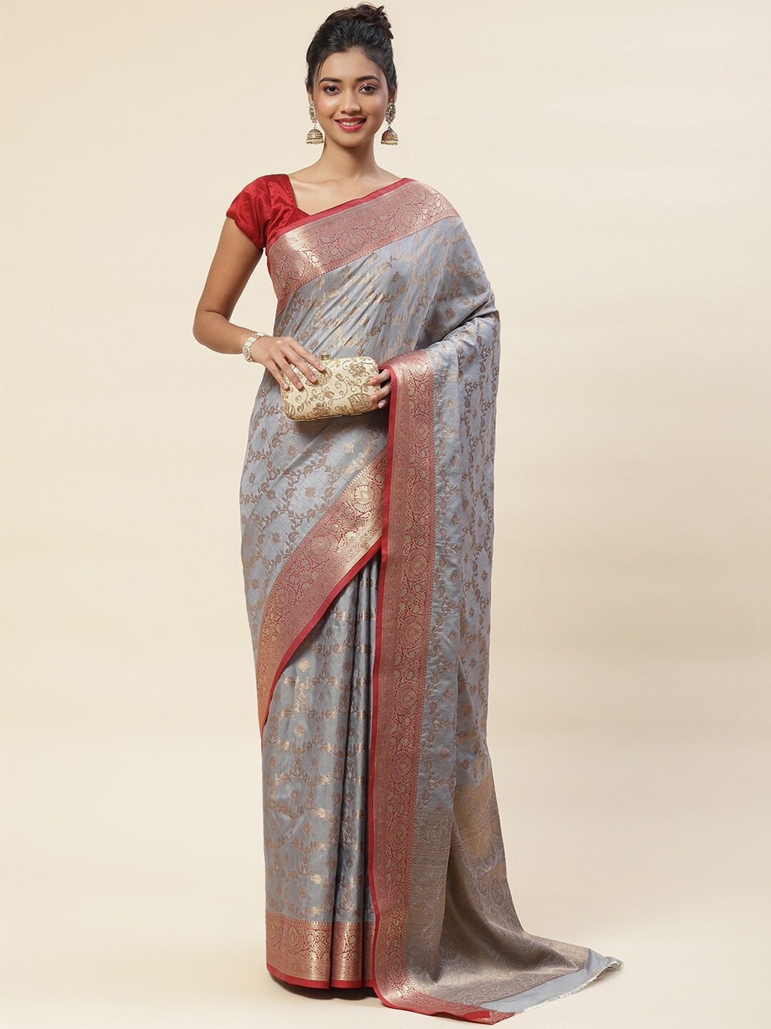 

Meena Bazaar Ethnic Motifs Woven Design Zari Handloom Saree, Grey