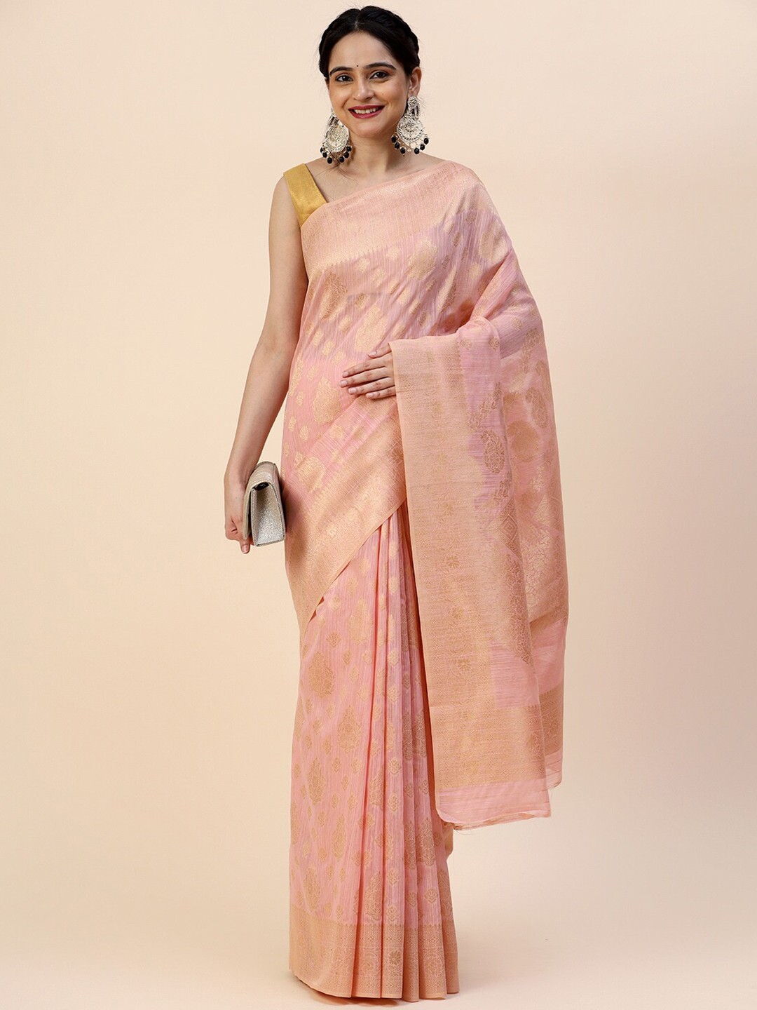 

Meena Bazaar Ethnic Motif Woven Design Zari Saree With Blouse Piece, Pink