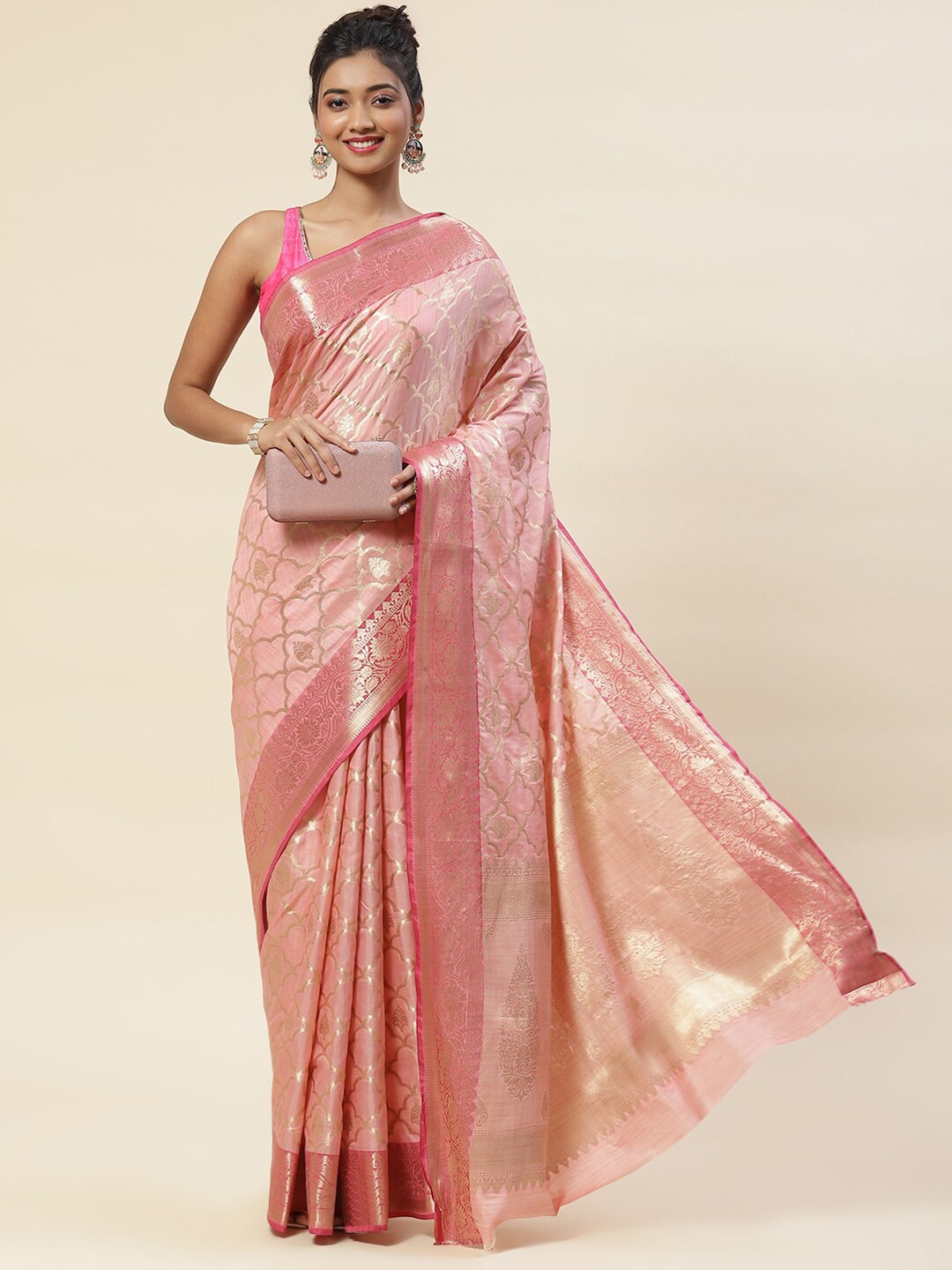 

Meena Bazaar Ethnic Motif Zari Art Silk Saree With Blouse Piece, Pink