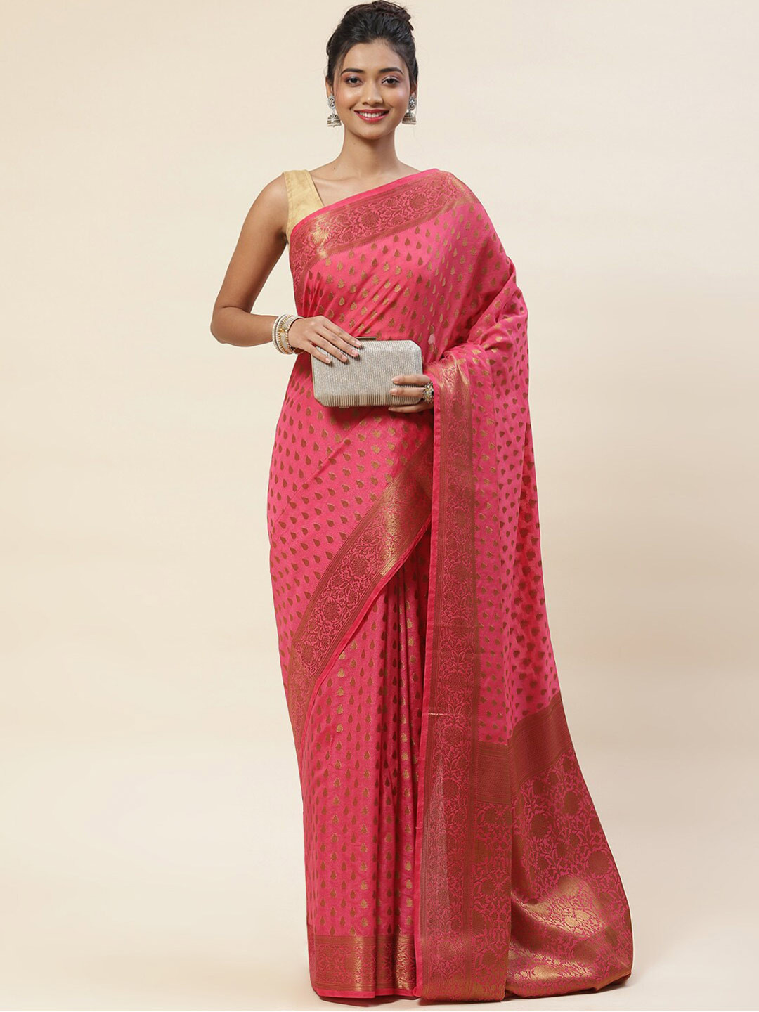 

Meena Bazaar Ethnic Motifs Woven Design Zari Handloom Saree, Pink