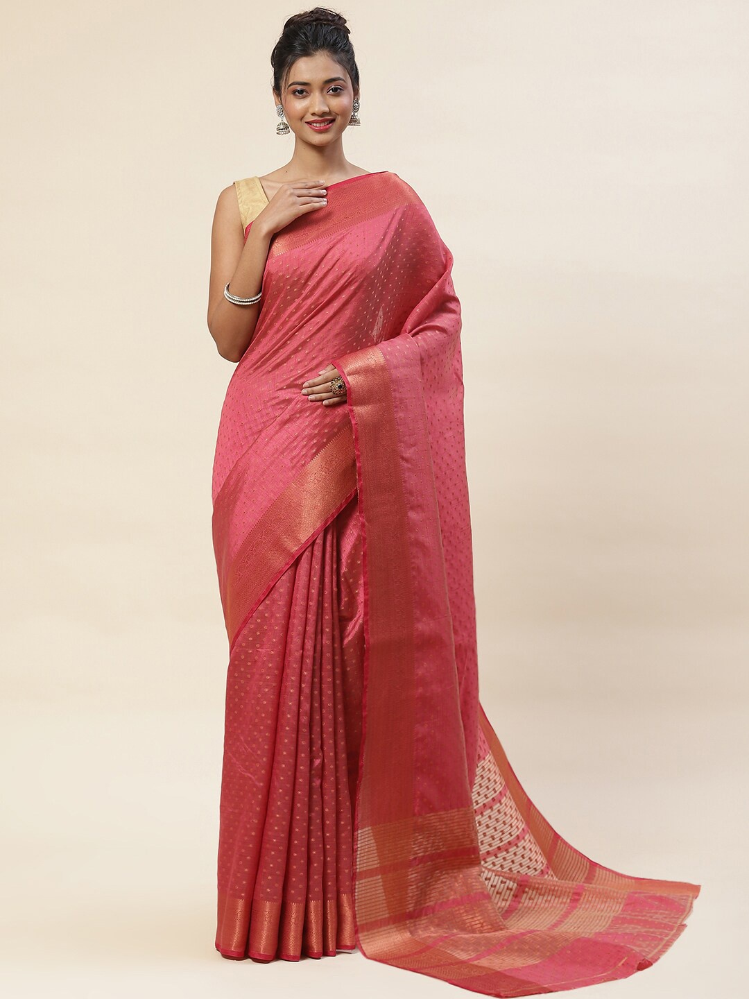

Meena Bazaar Woven Design Zari Art Silk Saree With Blouse Piece, Pink