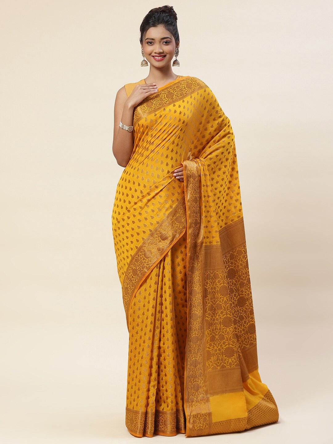 

Meena Bazaar Ethnic Motif Zari Art Silk Saree With Blouse Piece, Mustard