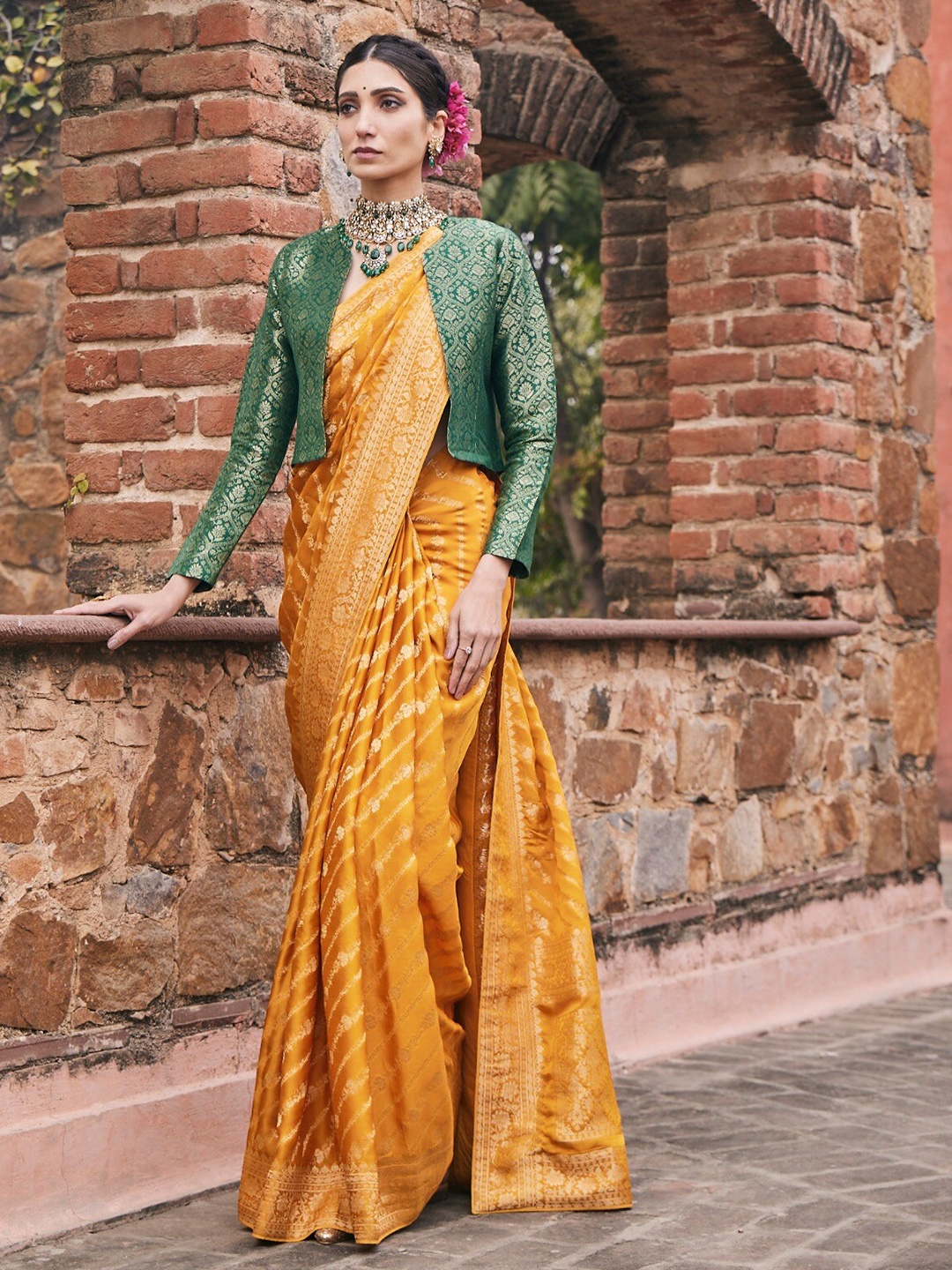 

Meena Bazaar Woven Design Zari Satin Saree, Mustard