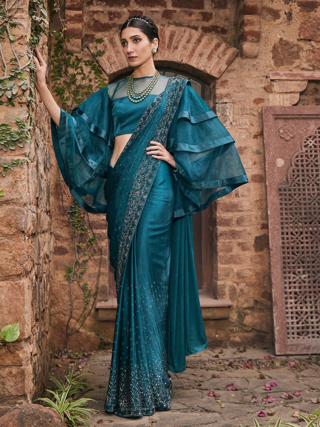 

Meena Bazaar Embellished Stone Work Poly Crepe Saree, Teal