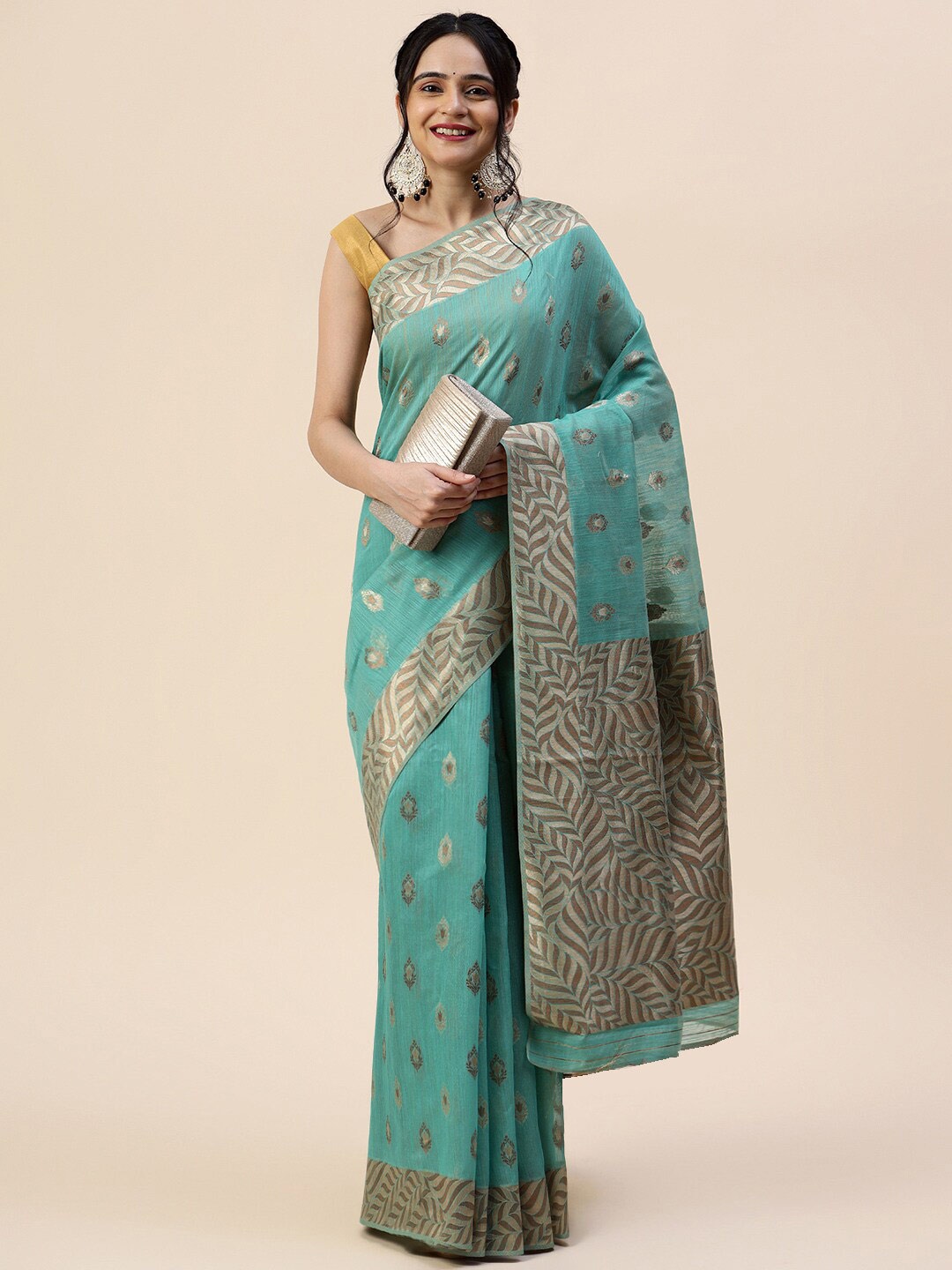 

Meena Bazaar Ethinic Motif Woven Design Zari Saree, Sea green