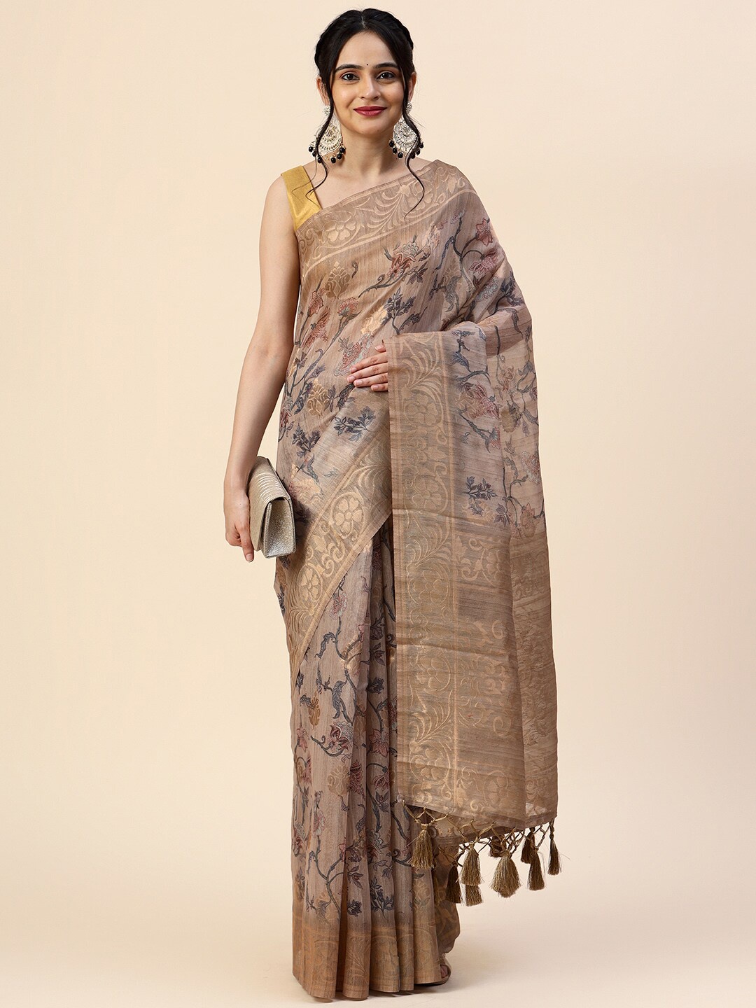 

Meena Bazaar Floral Printed Zari Chanderi Saree, Beige