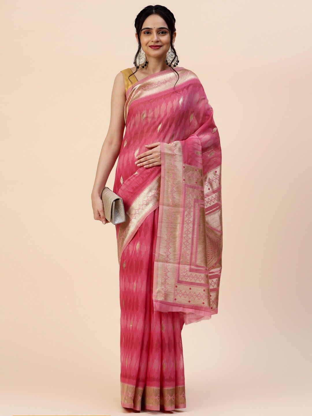 

Meena Bazaar Ethnic Motif Woven Design Zari Saree With Blouse Piece, Pink