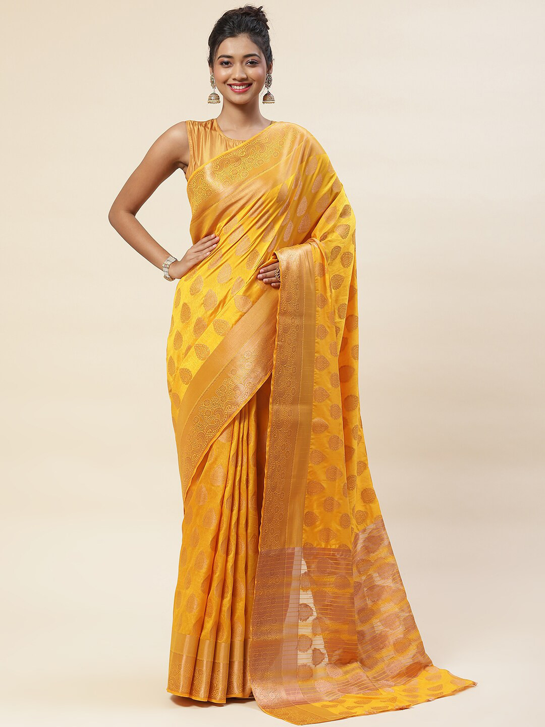 

Meena Bazaar Ethnic Motif Zari Art Silk Saree With Blouse Piece, Mustard