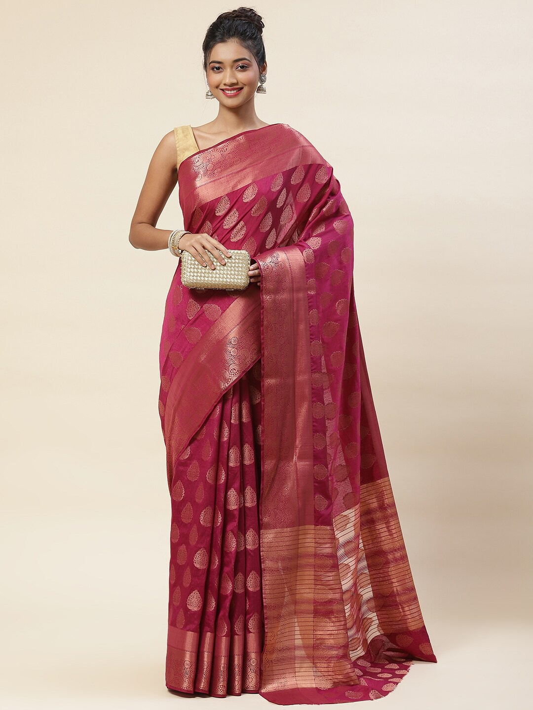 

Meena Bazaar Ethnic Motifs Woven Design Zari Handloom Saree, Burgundy