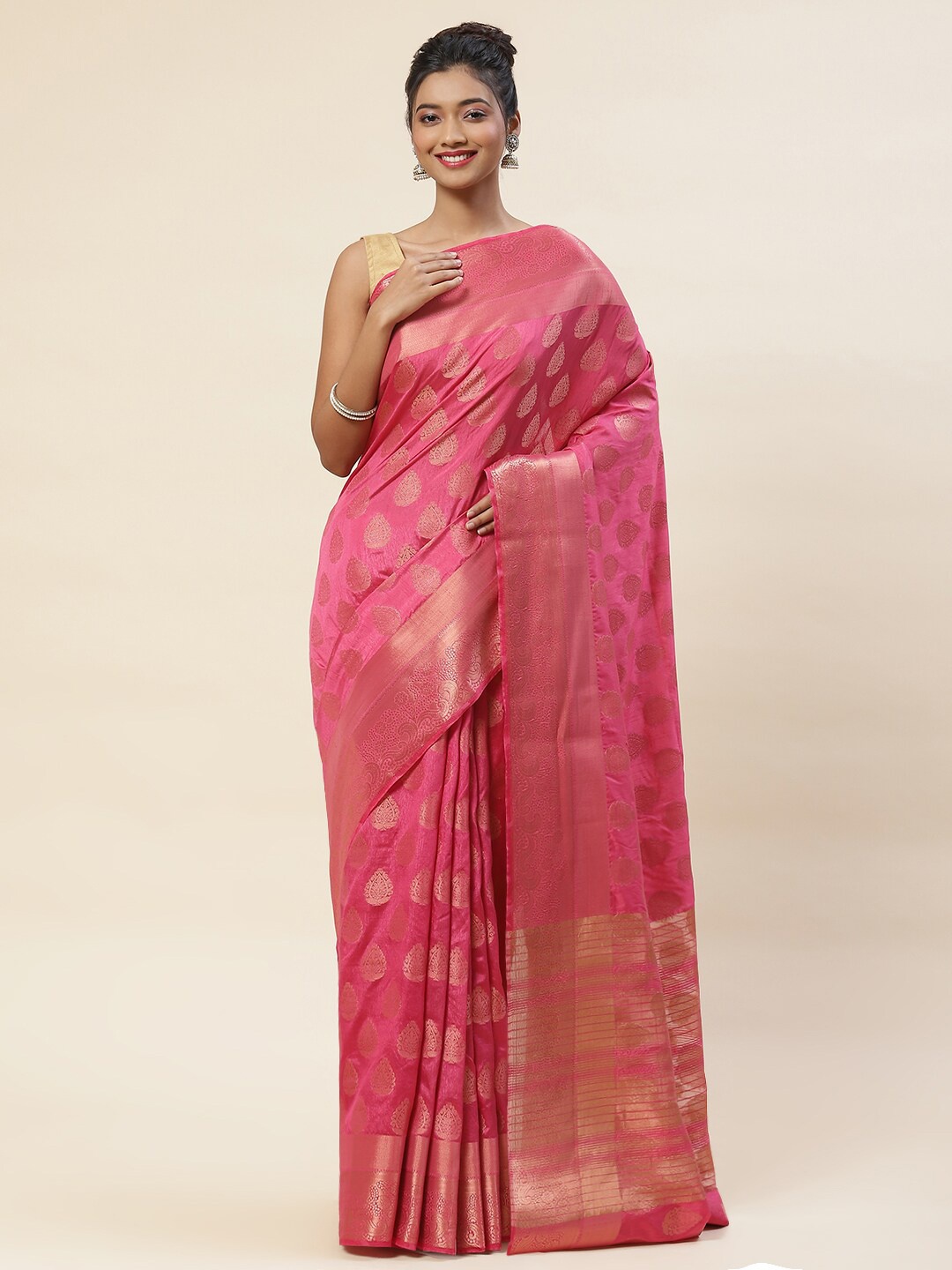 

Meena Bazaar Ethnic Motif Zari Art Silk Saree With Blouse Piece, Pink