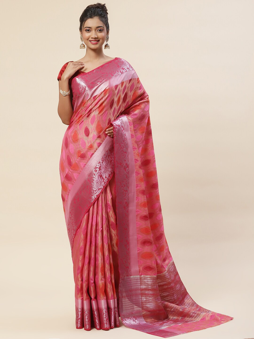 

Meena Bazaar Ethnic Motif Zari Art Silk Saree With Blouse Piece, Pink