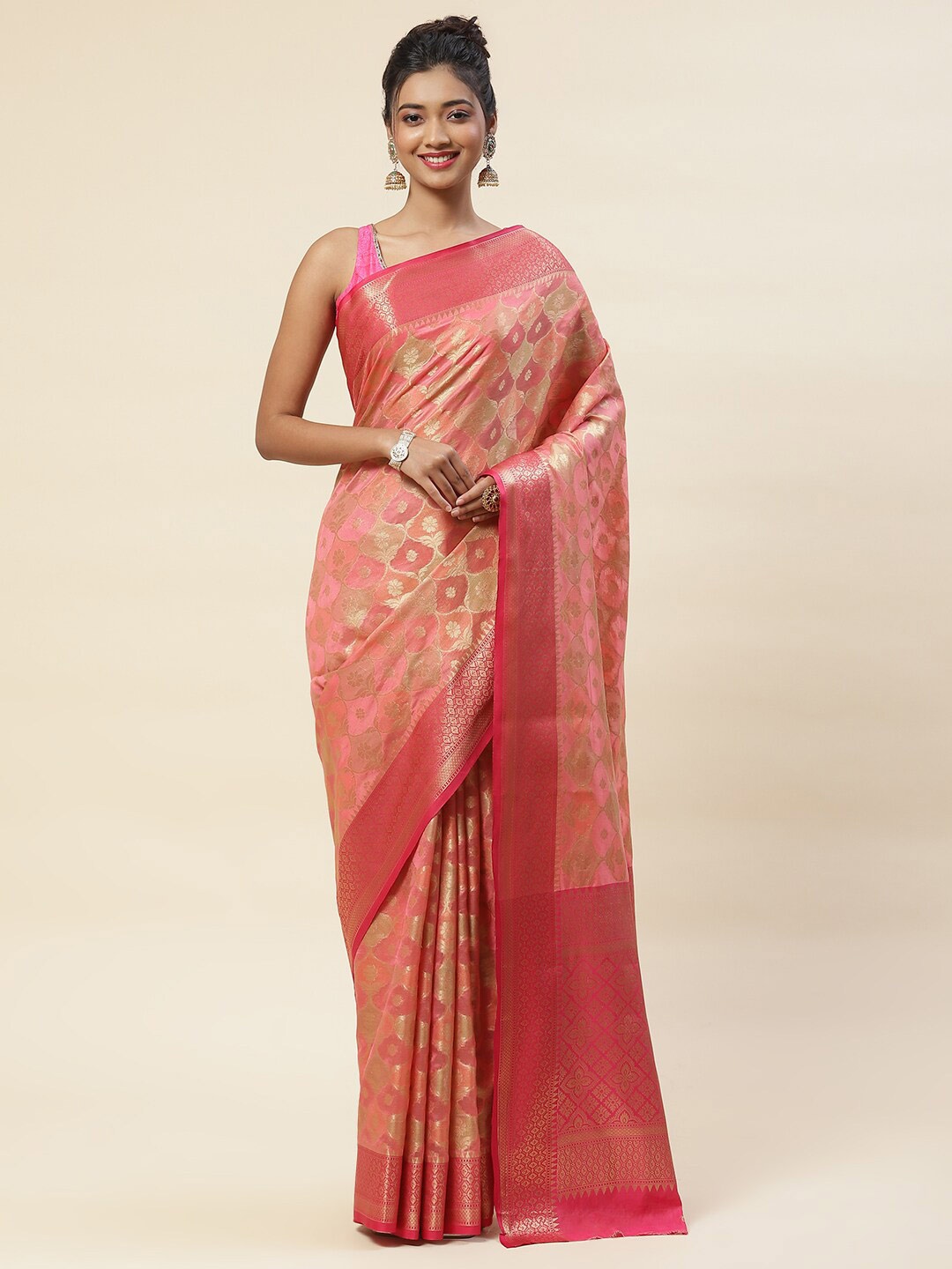 

Meena Bazaar Ethnic Motif Zari Art Silk Saree With Blouse Piece, Pink