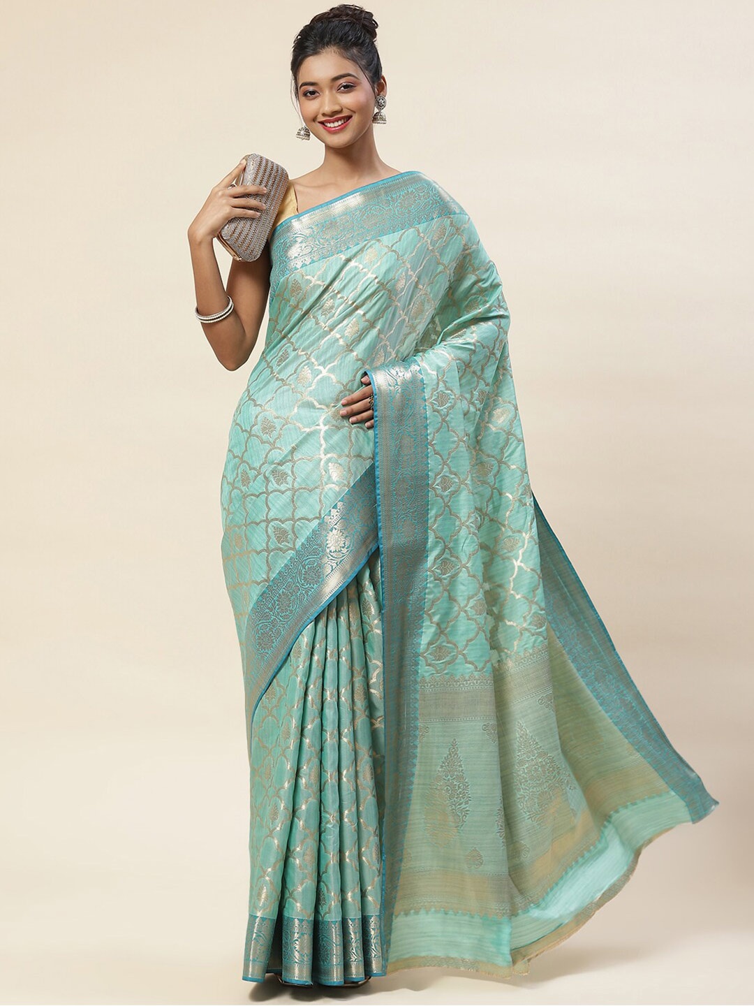 

Meena Bazaar Ethnic Motif Zari Art Silk Saree With Blouse Piece, Sea green