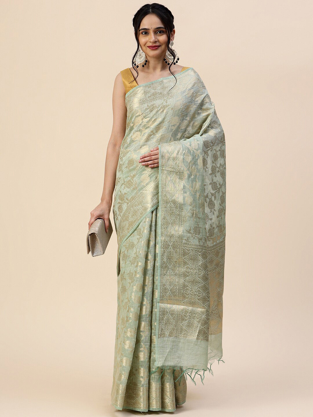 

Meena Bazaar Floral Woven Design Zari Saree, Sea green