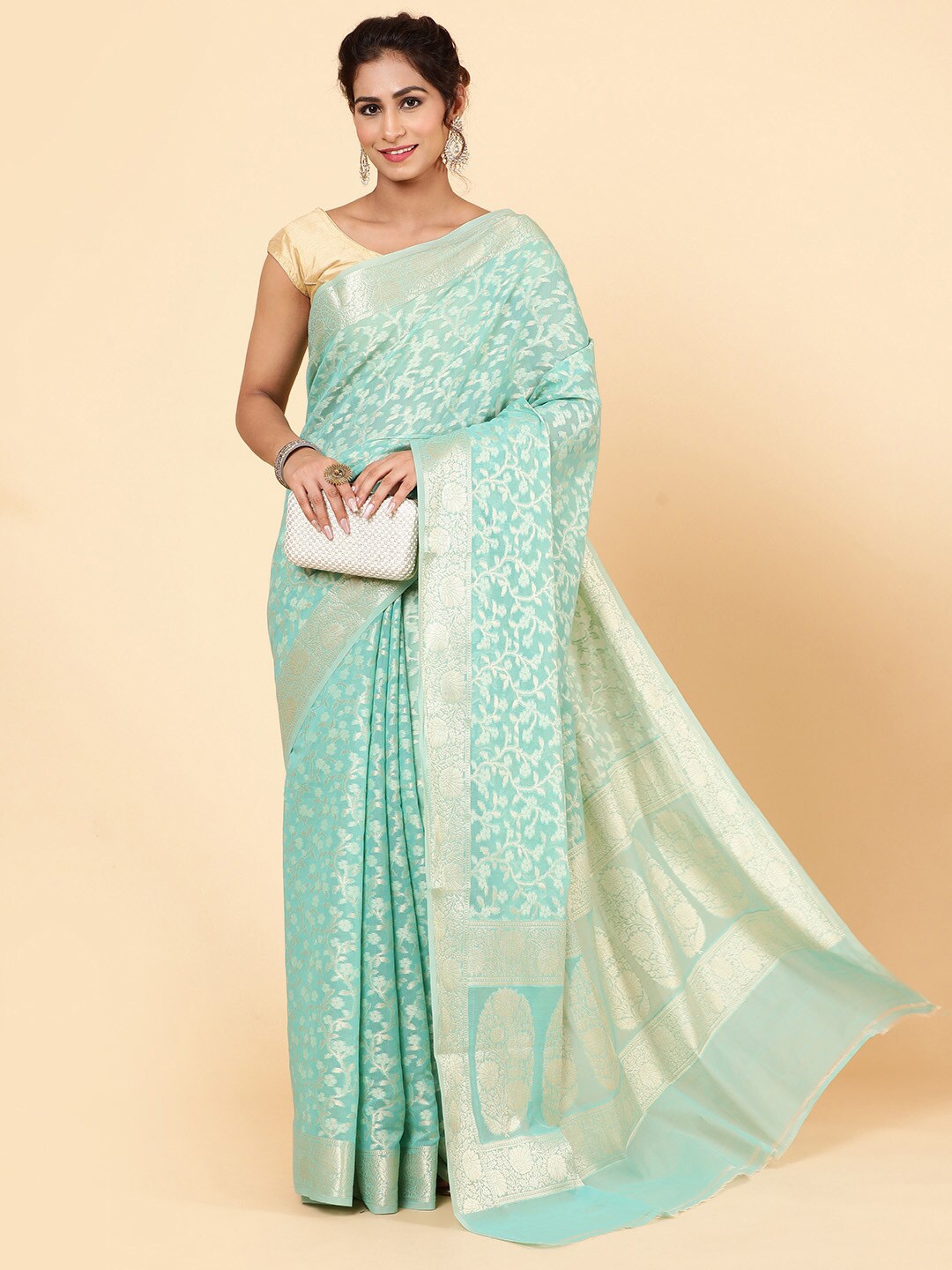 

Meena Bazaar Floral Woven Design Zari Saree, Sea green
