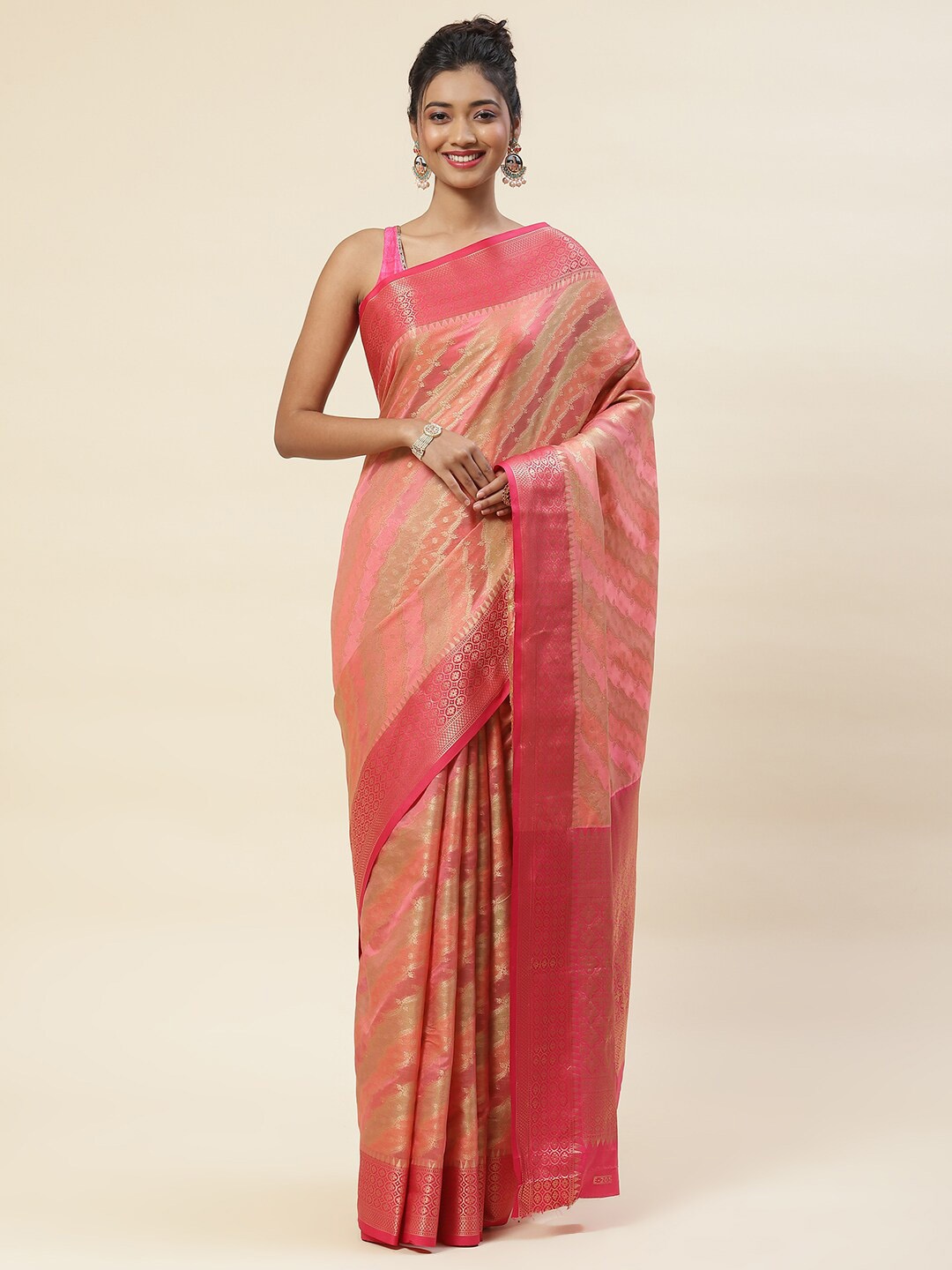 

Meena Bazaar Ethnic Motif Zari Art Silk Saree With Blouse Piece, Pink