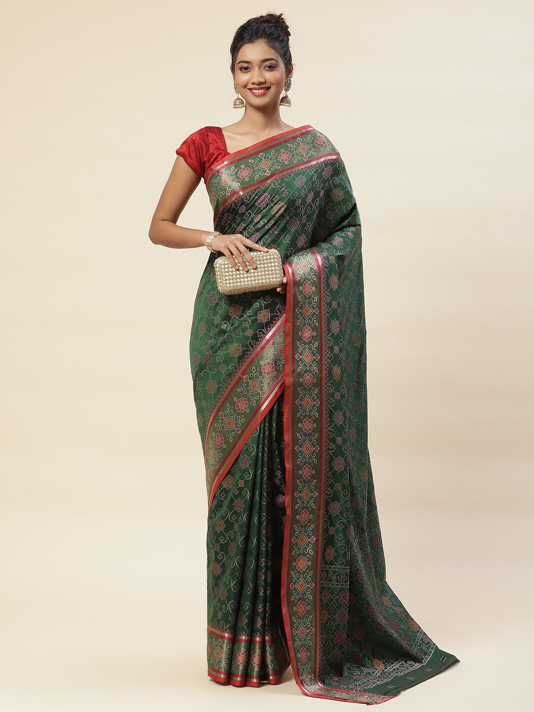 

Meena Bazaar Ethinic Motif Woven Design Zari Handloom Saree, Green