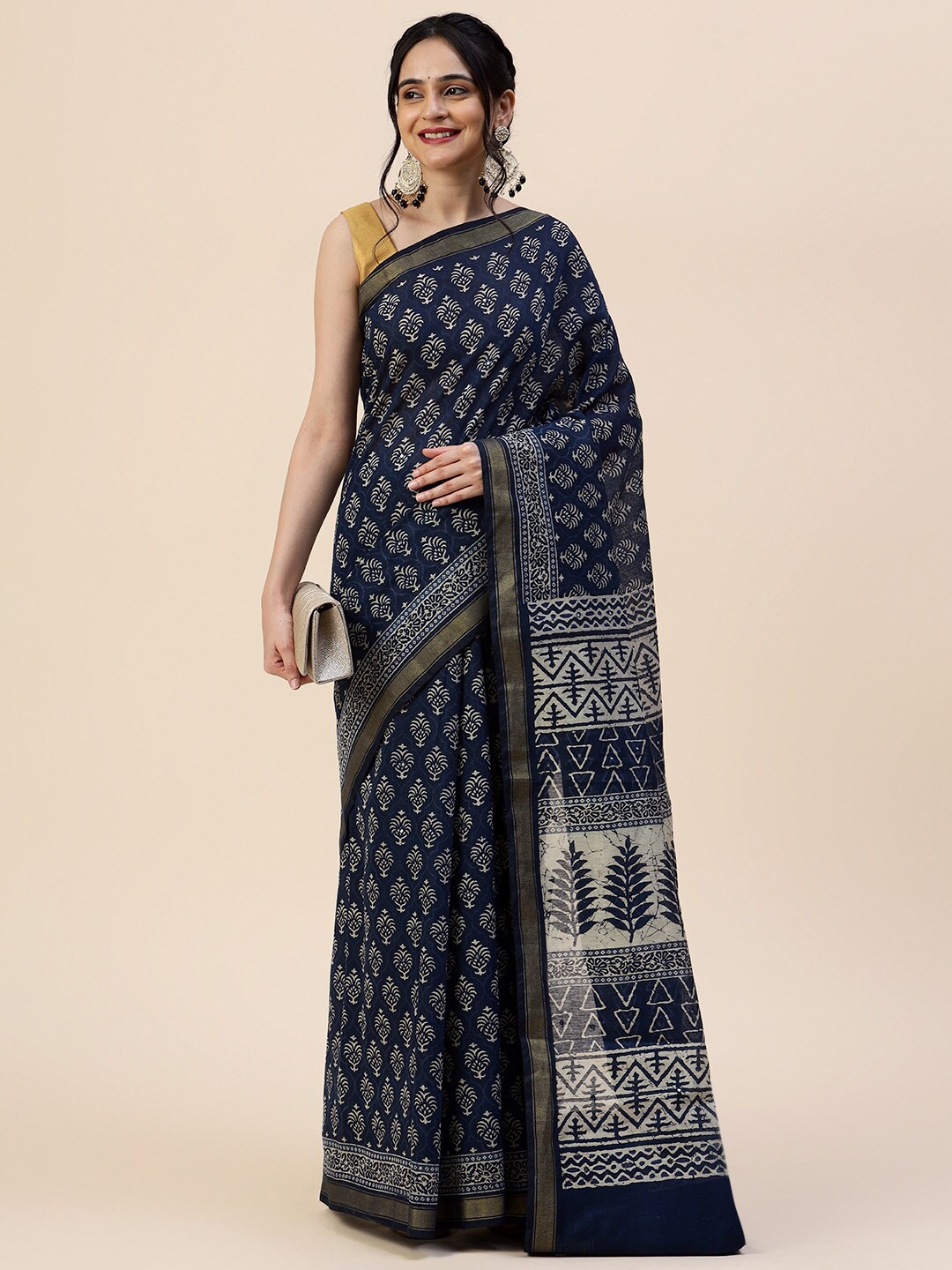 

Meena Bazaar Ethnic Motif Printed Zari Saree With Blouse Piece, Blue