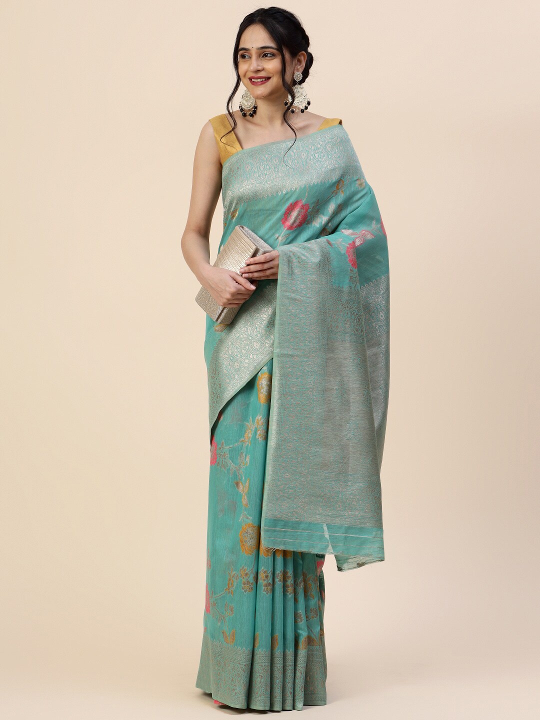 

Meena Bazaar Floral Woven Design Zari Saree With Blouse Piece, Sea green