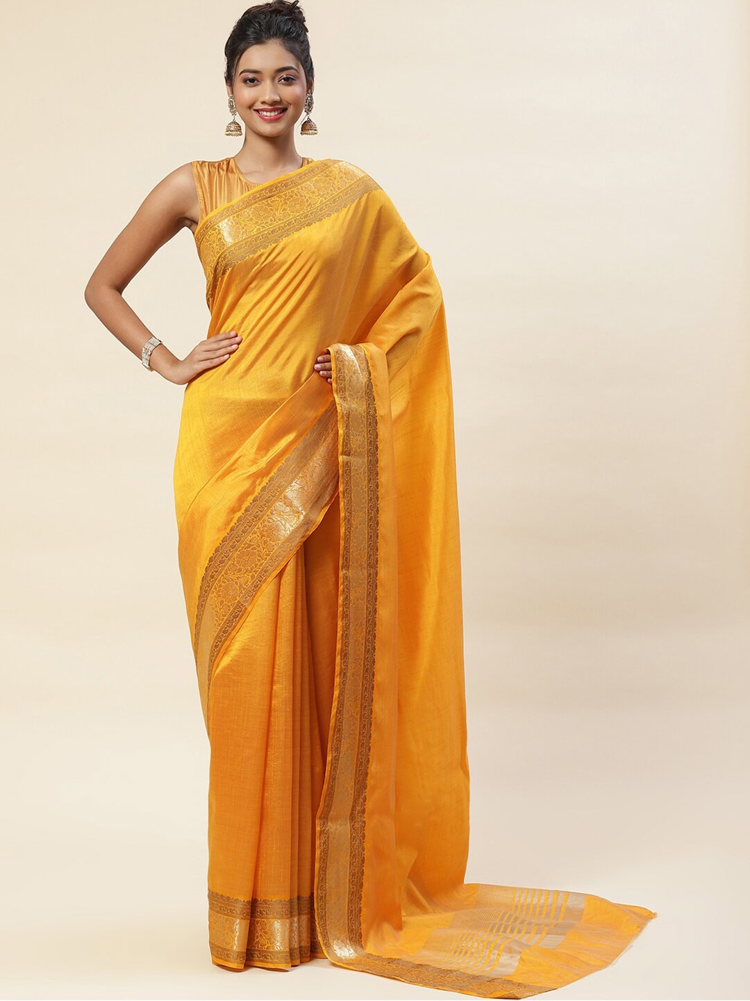 

Meena Bazaar Zari Handloom Saree, Mustard