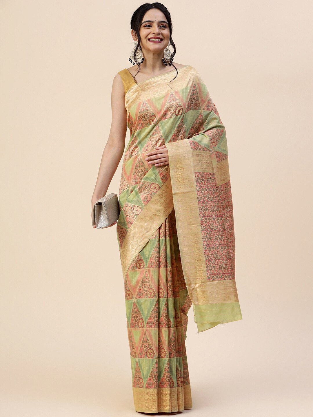 

Meena Bazaar Floral Woven Design Zari Saree, Green