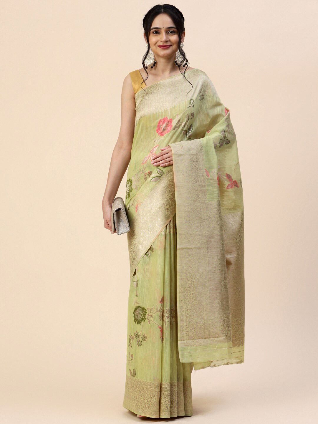 

Meena Bazaar Floral Woven Design Zari Saree With Blouse Piece, Green