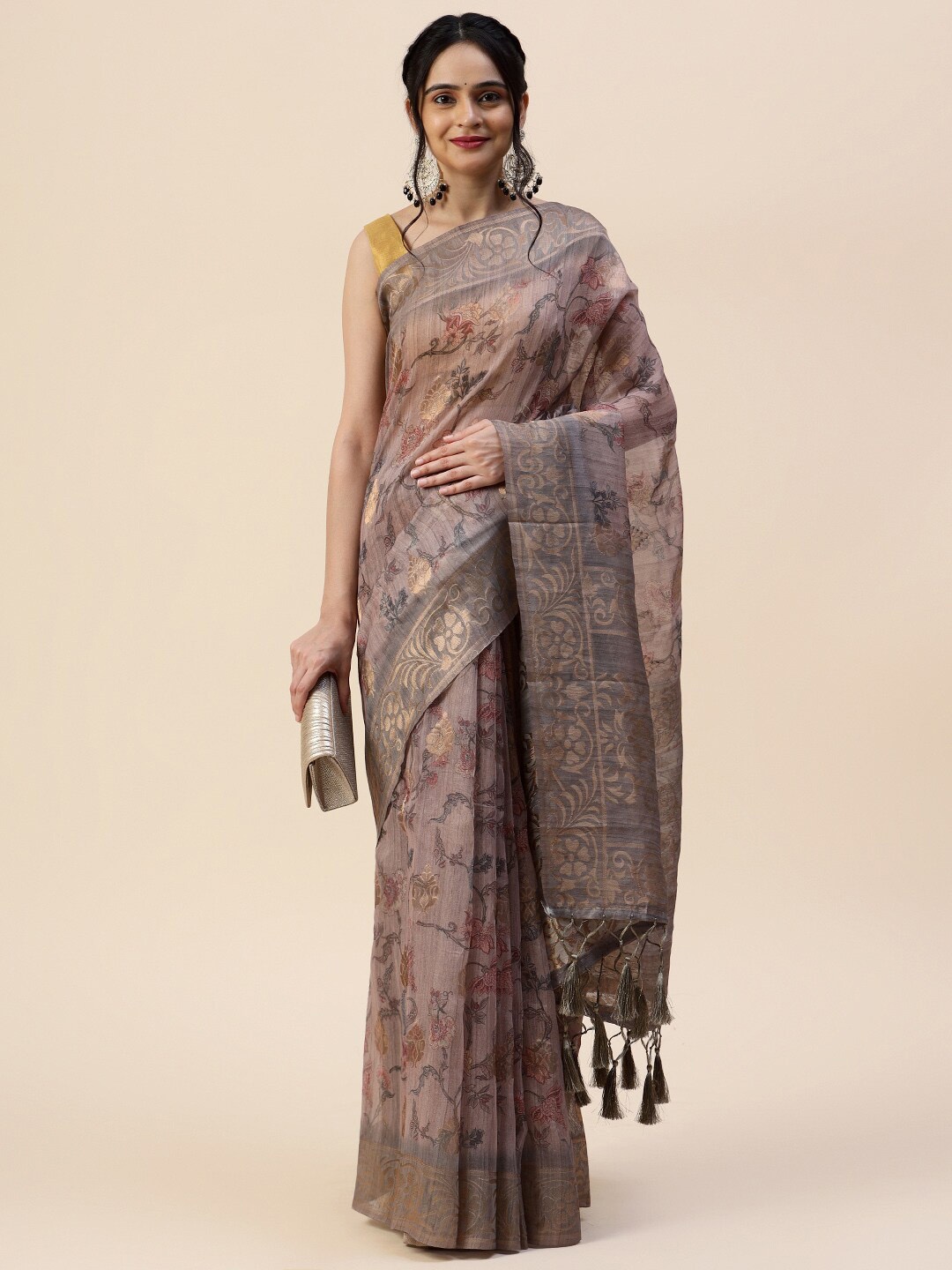 

Meena Bazaar Floral Zari Art Silk Saree With Tassle, Grey