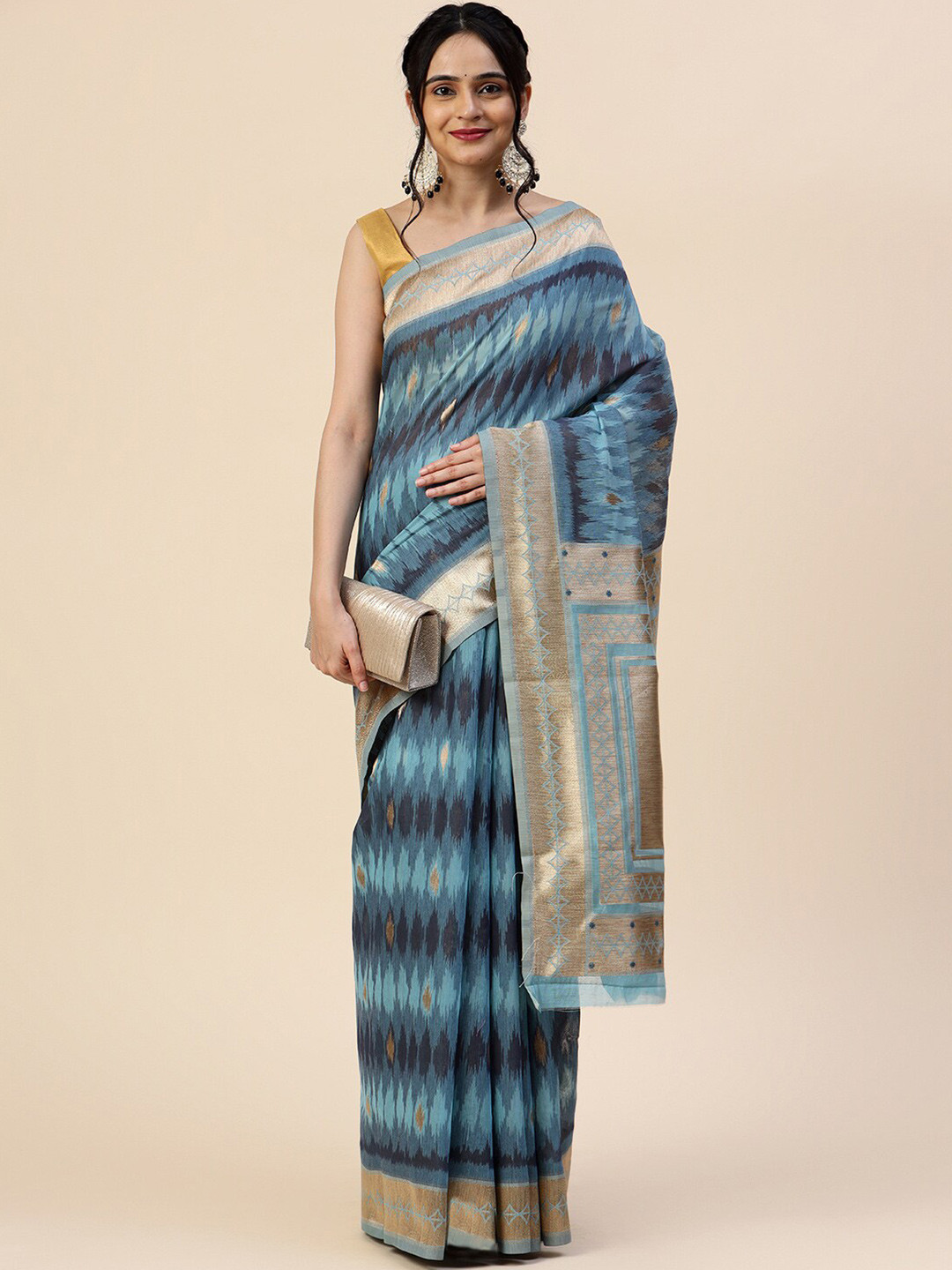 

Meena Bazaar Abstract Printed Zari Saree, Blue