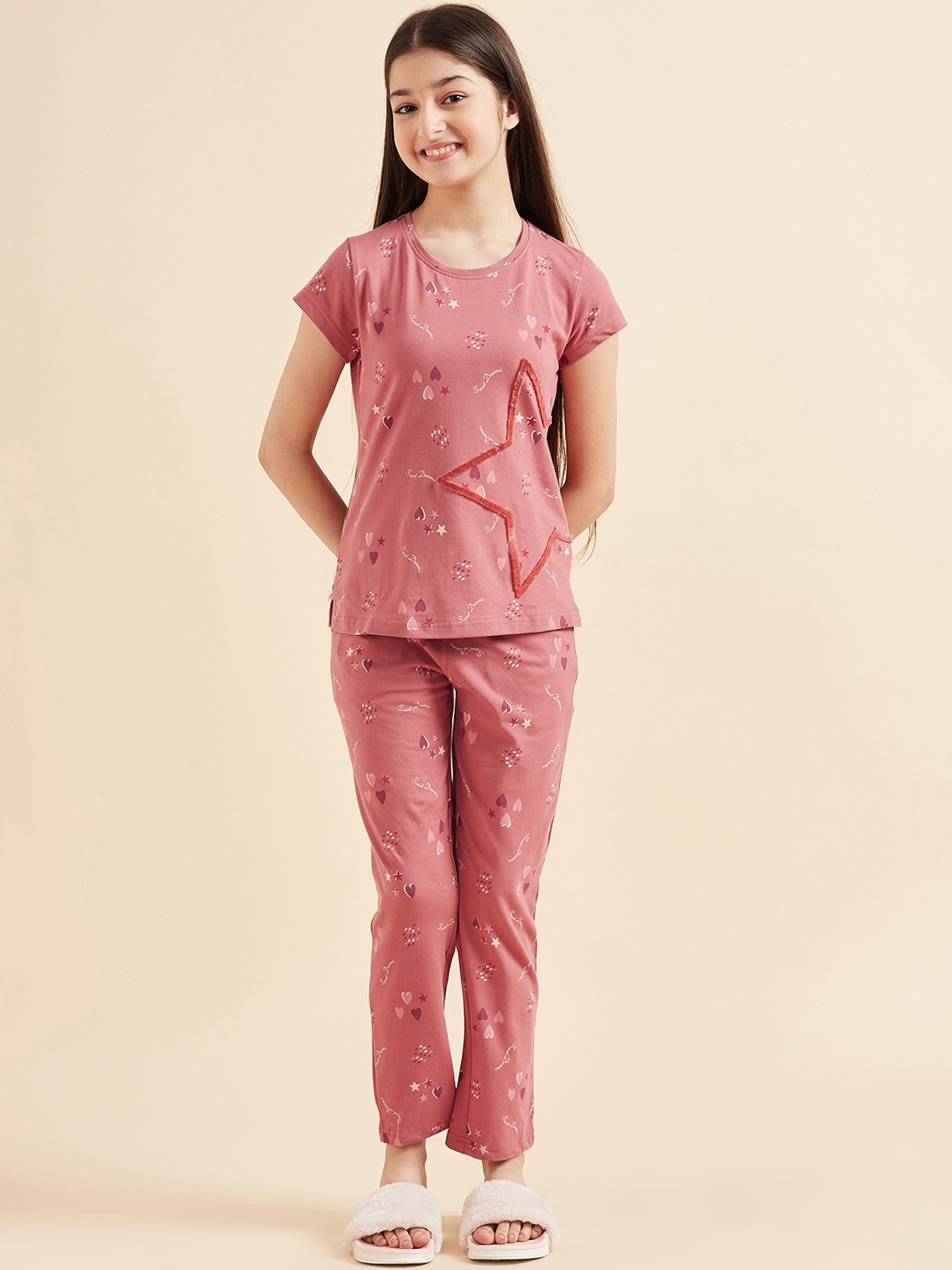 

Sweet Dreams Girls Pink Conversational Printed Pure Cotton Night Suit