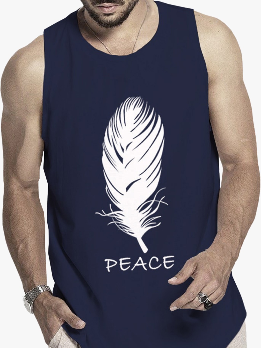 

BLIVE Graphic Printed Pure Cotton Gym Vests, Navy blue