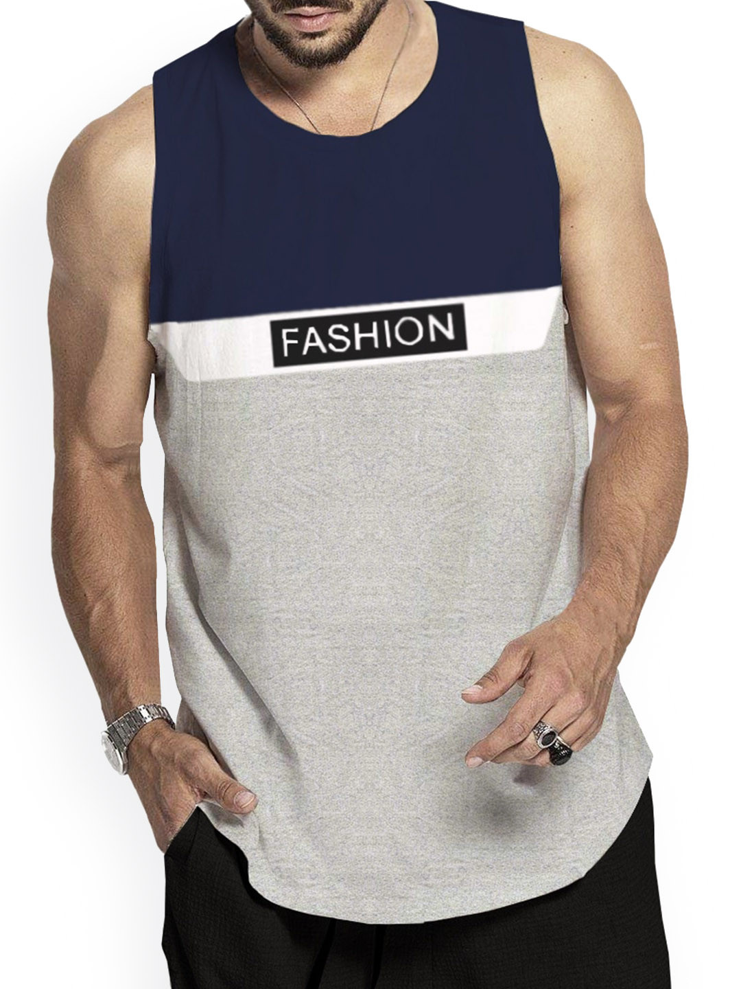 

BLIVE Typography Printed Basic Cotton Innerwear Vest, Navy blue