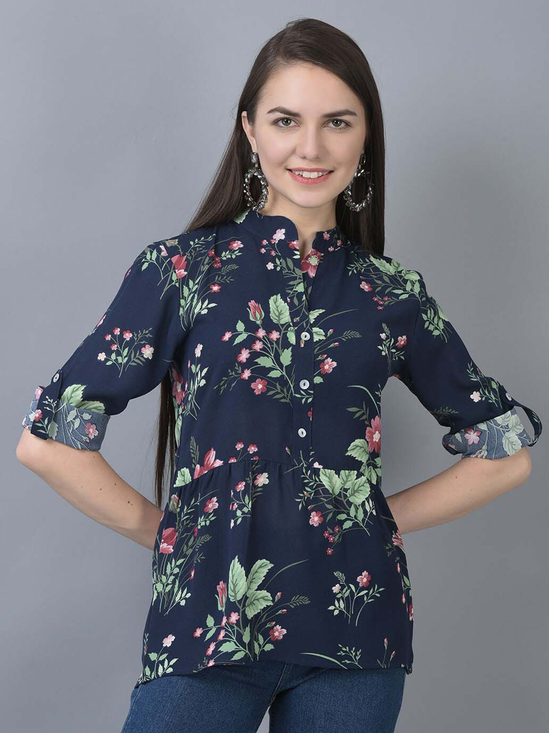 

CANOE Floral Printed Mandarin Collar Tunic, Navy blue