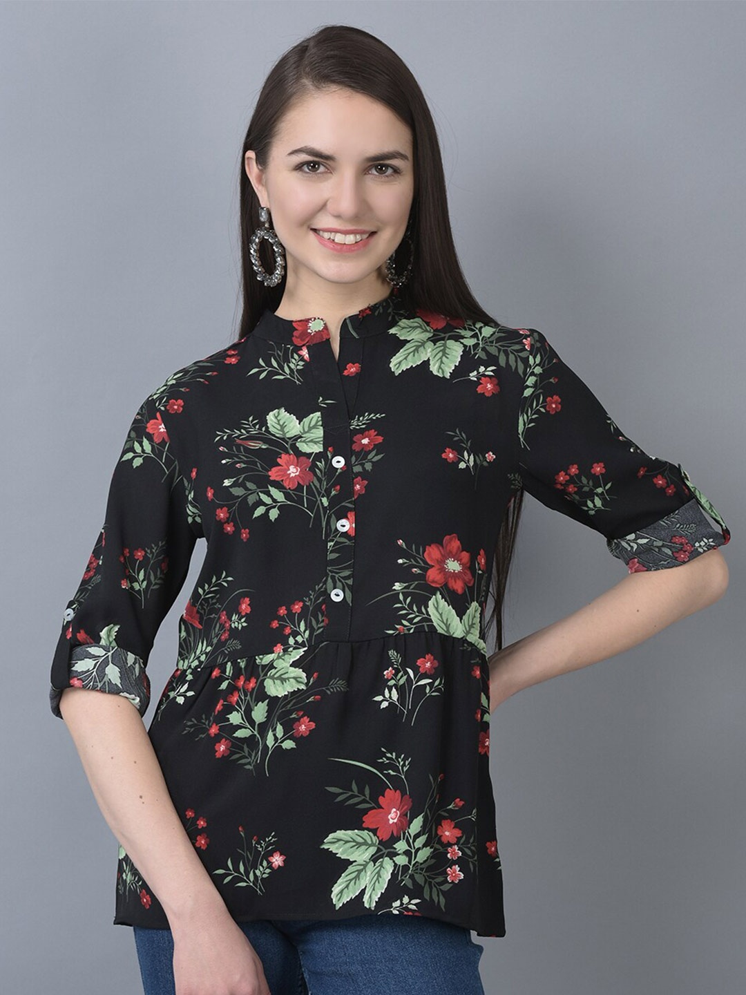 

CANOE Floral Printed Mandarin Collar Tunic, Black