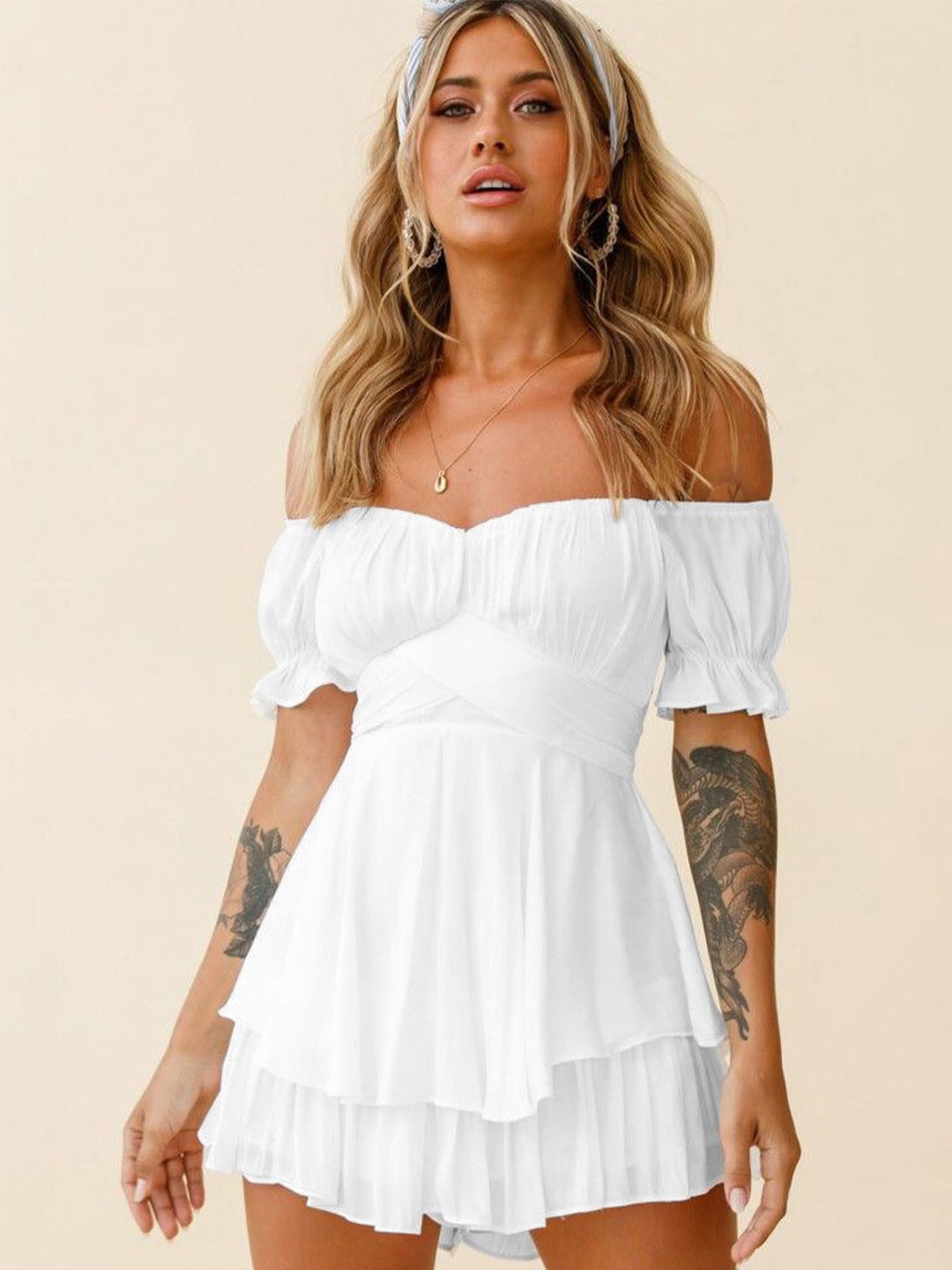 

BoStreet White Off-Shoulder Layered Playsuit