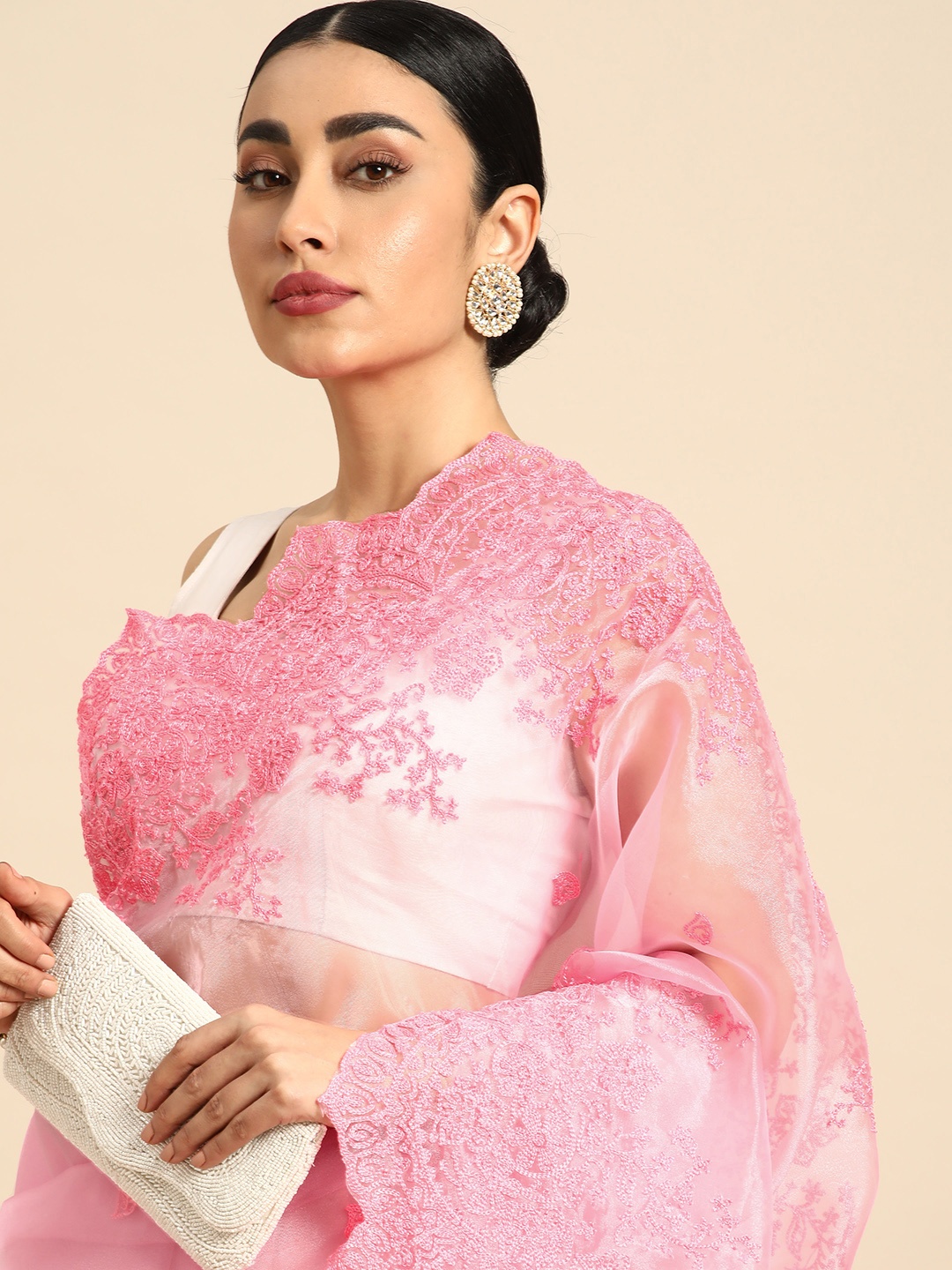 

Mitera Floral Embroidered Organza Saree, Pink