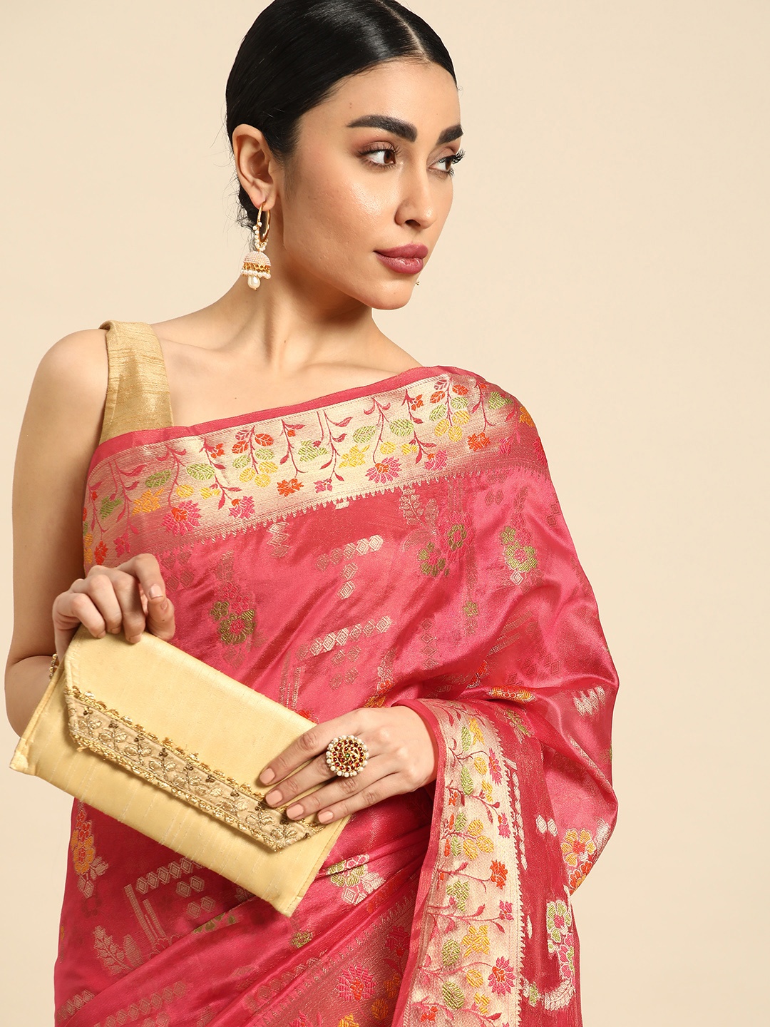 

Mitera Floral Zari Organza Kanjeevaram Saree, Peach