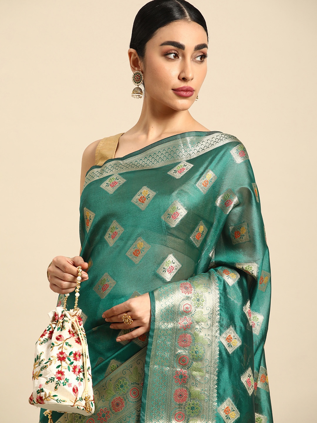 

Mitera Floral Zari Organza Kanjeevaram Saree, Green