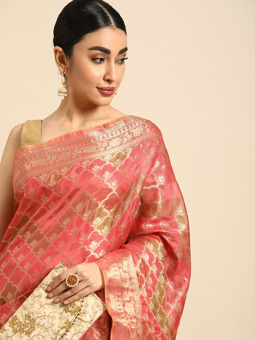 

Mitera Ethnic Motifs Zari Organza Saree, Pink
