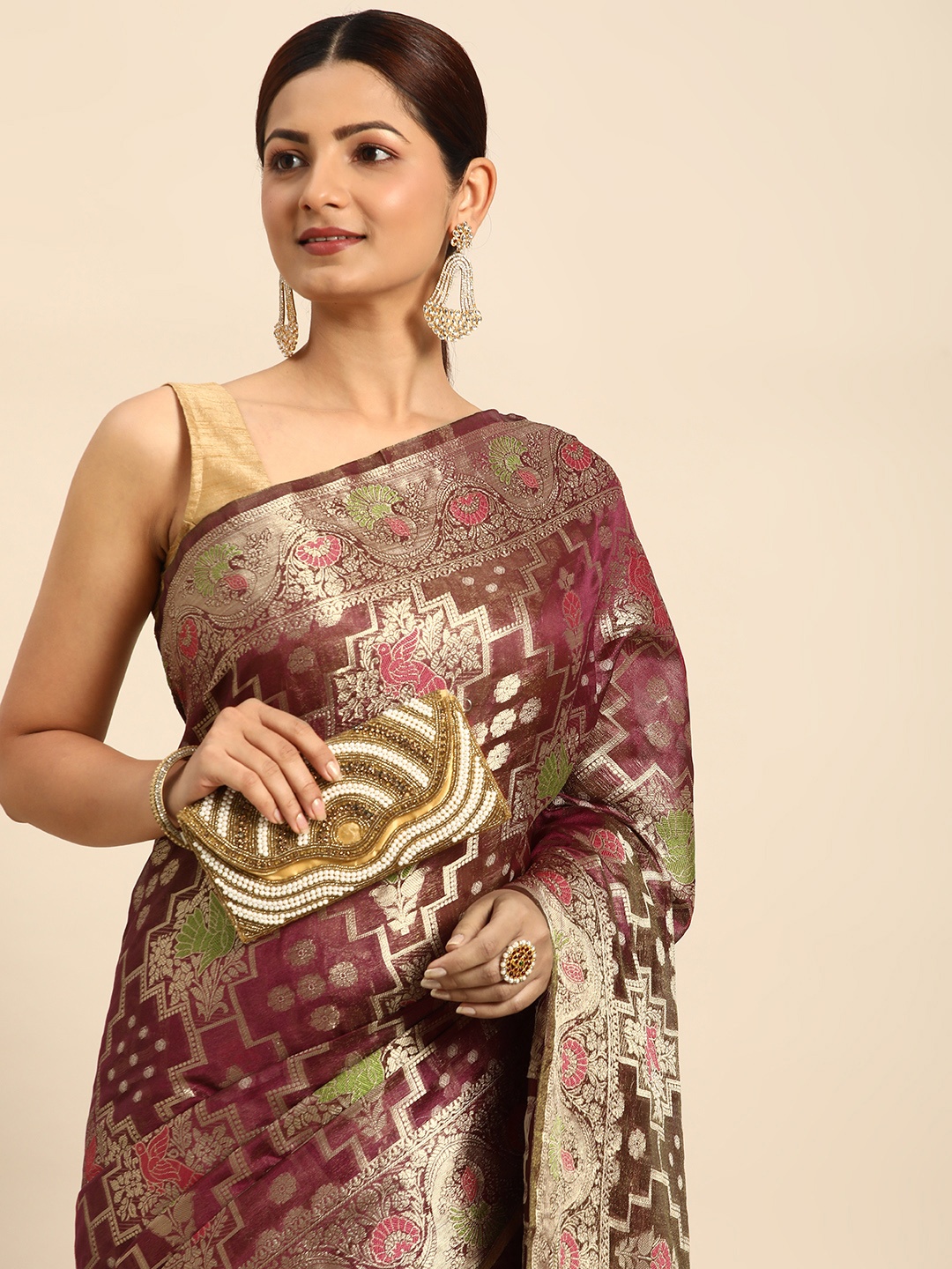 

Mitera Ethnic Motifs Zari Organza Kanjeevaram Saree, Maroon