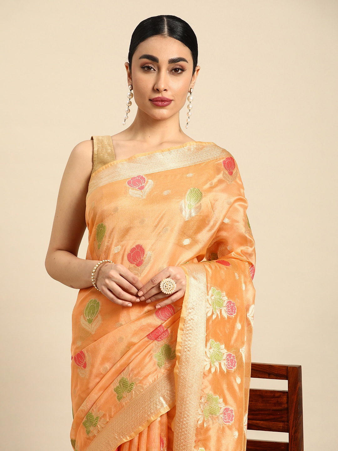 

Mitera Floral Zari Organza Rangkat Saree, Orange