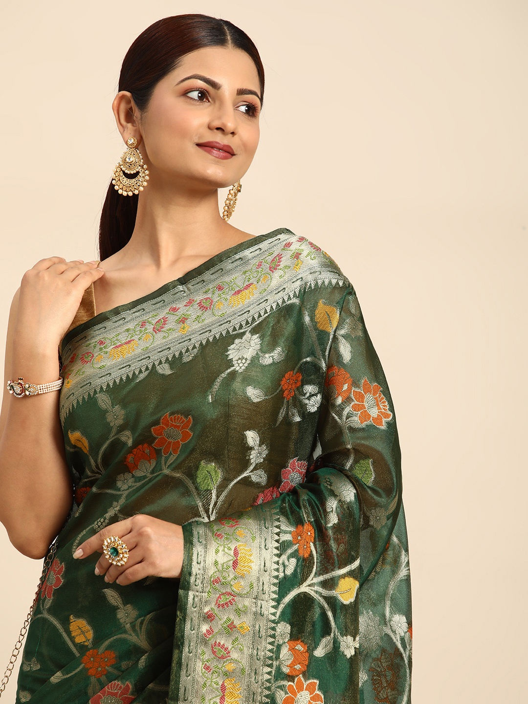 

Mitera Ethnic Motifs Zari Organza Kanjeevaram Saree, Green