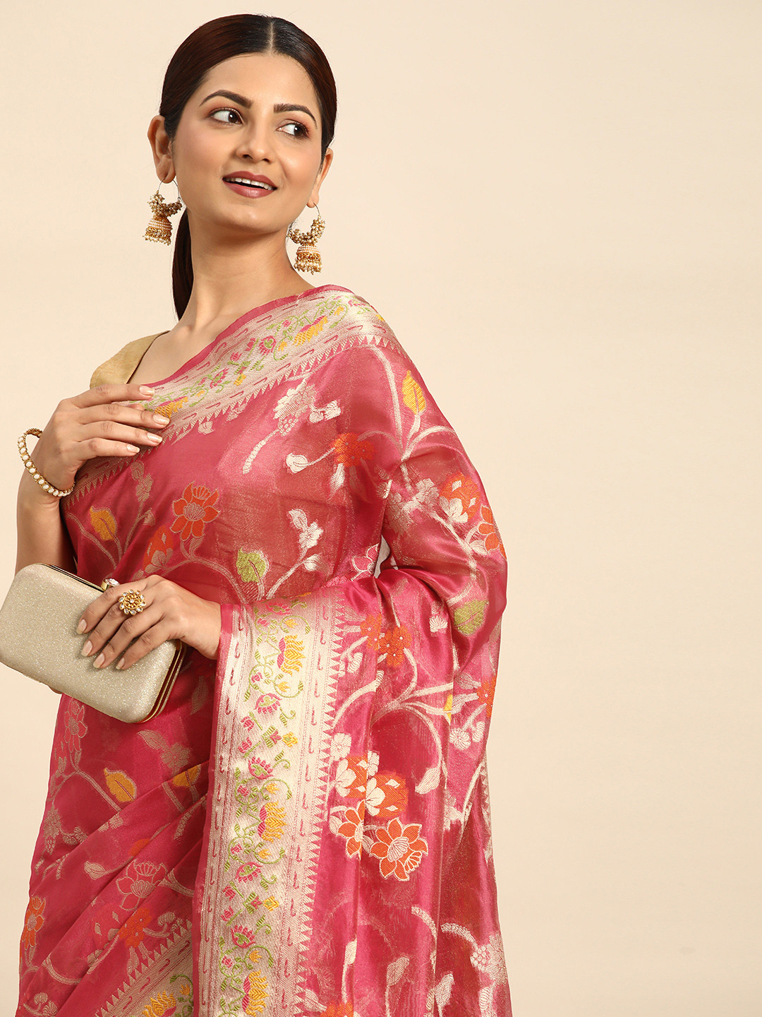 

Mitera Ethnic Motifs Zari Organza Kanjeevaram Saree, Pink