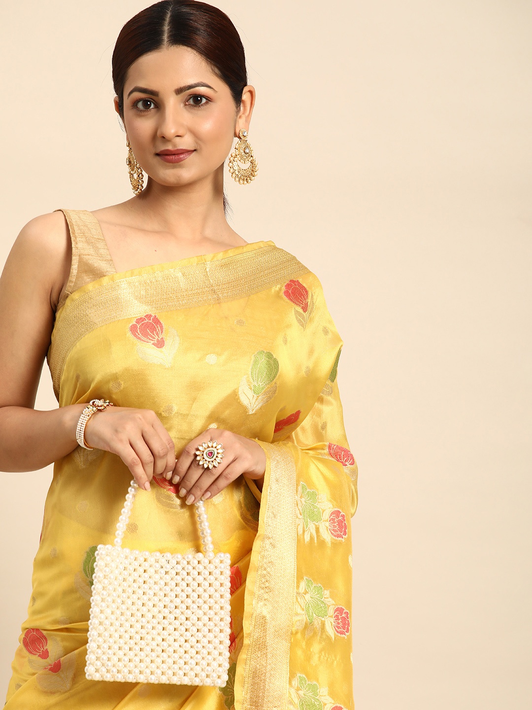 

Mitera Yellow & Gold-Toned Floral Zari Organza Handloom Saree