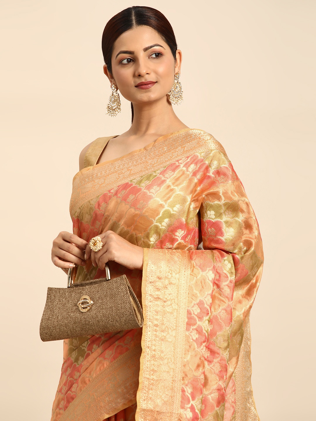 

Mitera Ethnic Motifs Zari Organza Saree, Peach