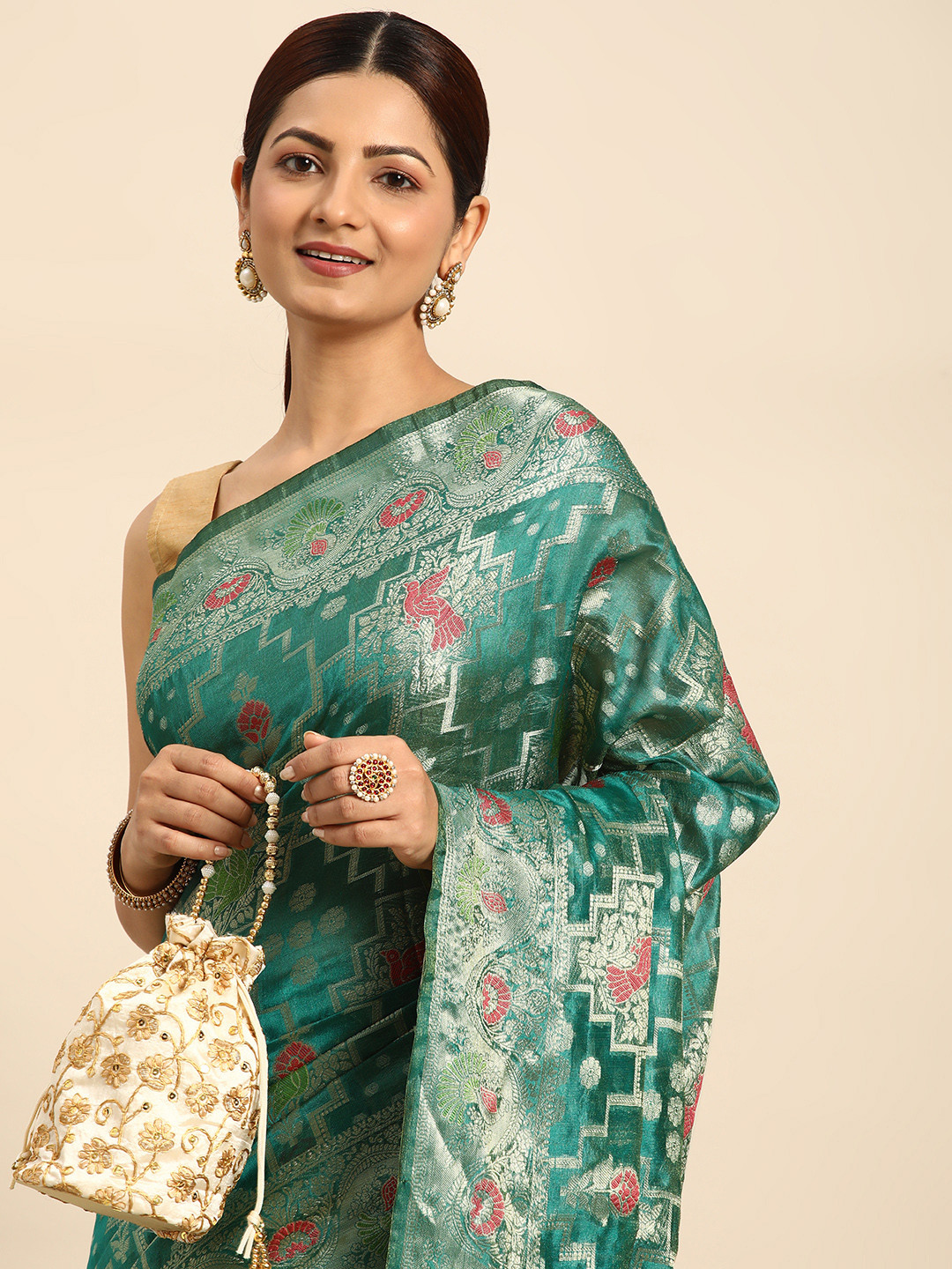

Mitera Ethnic Motifs Zari Organza Kanjeevaram Saree, Green