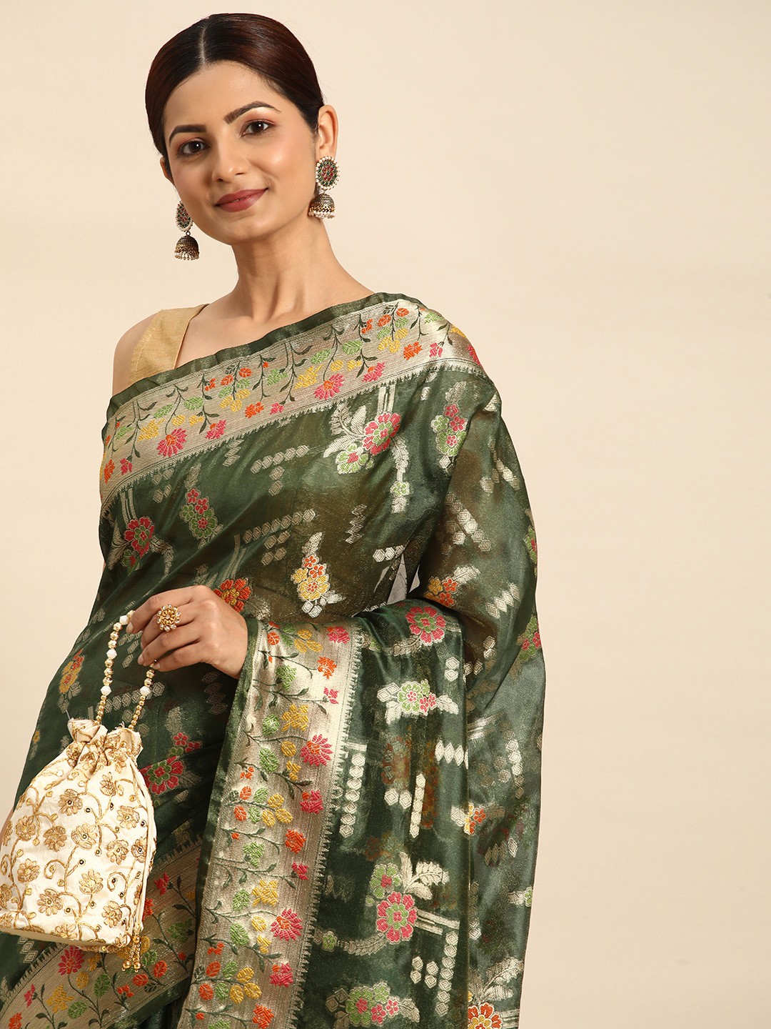 

Mitera Ethnic Motifs Zari Organza Kanjeevaram Saree, Green