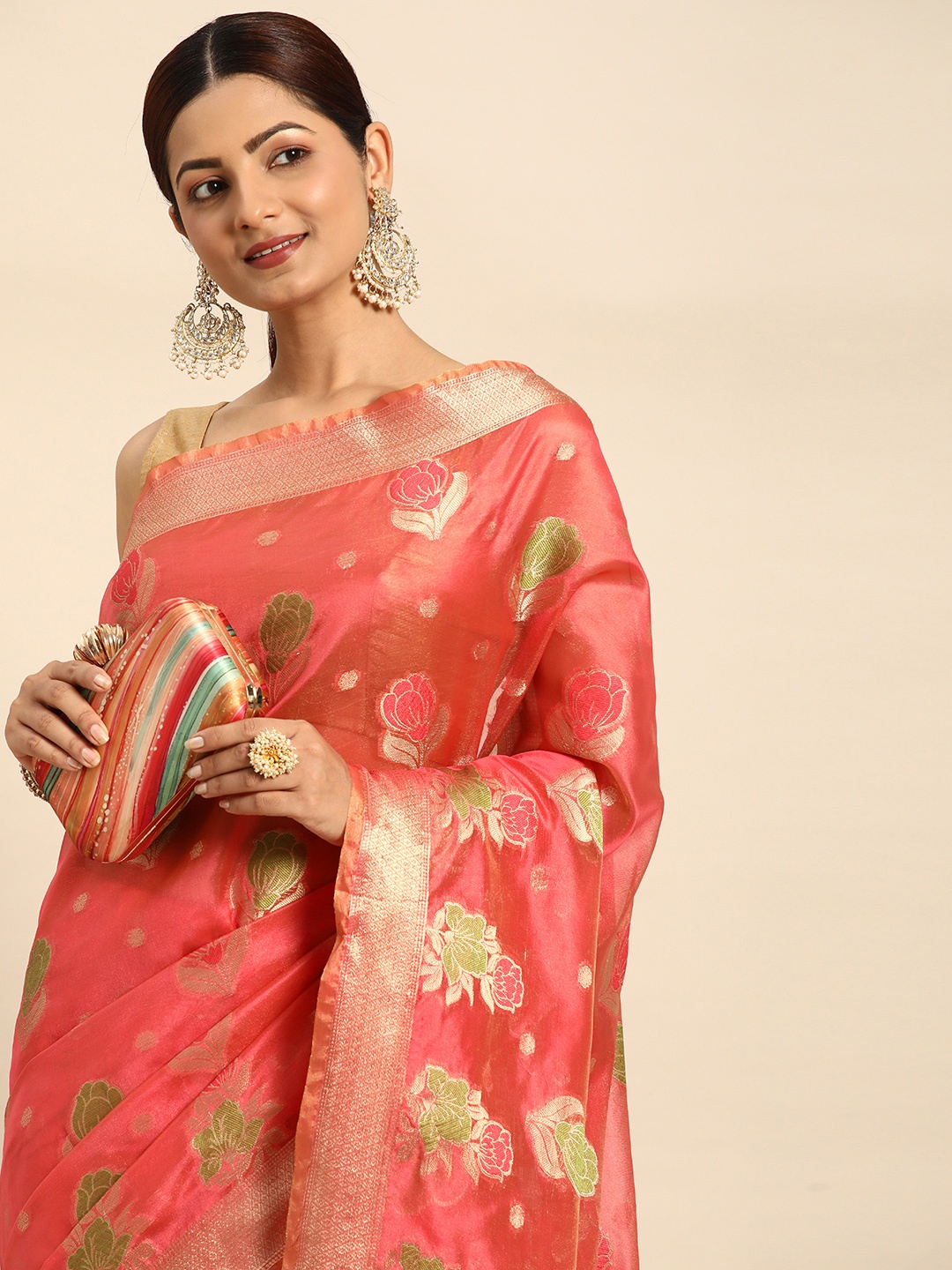 

Mitera Ethnic Motifs Zari Organza Saree, Peach